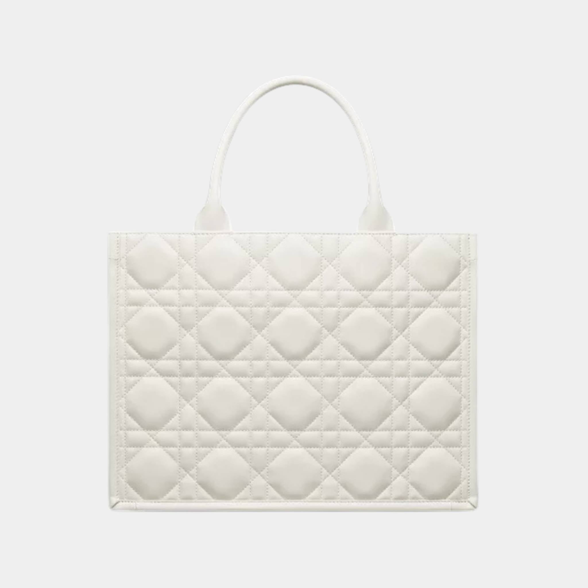 Dior Book Tote Medium Bag Macrocannage Calfskin, White, Back