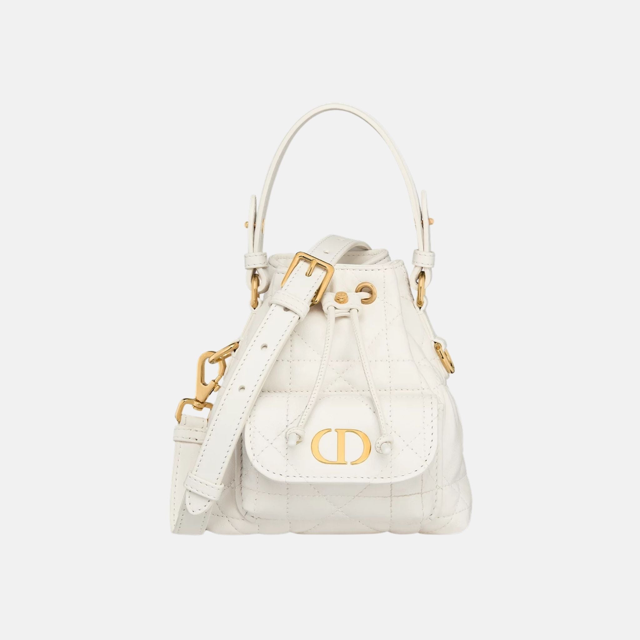Dior Caro Nano Bucket Bag In Macrocannage Lambskin, Latte, Front