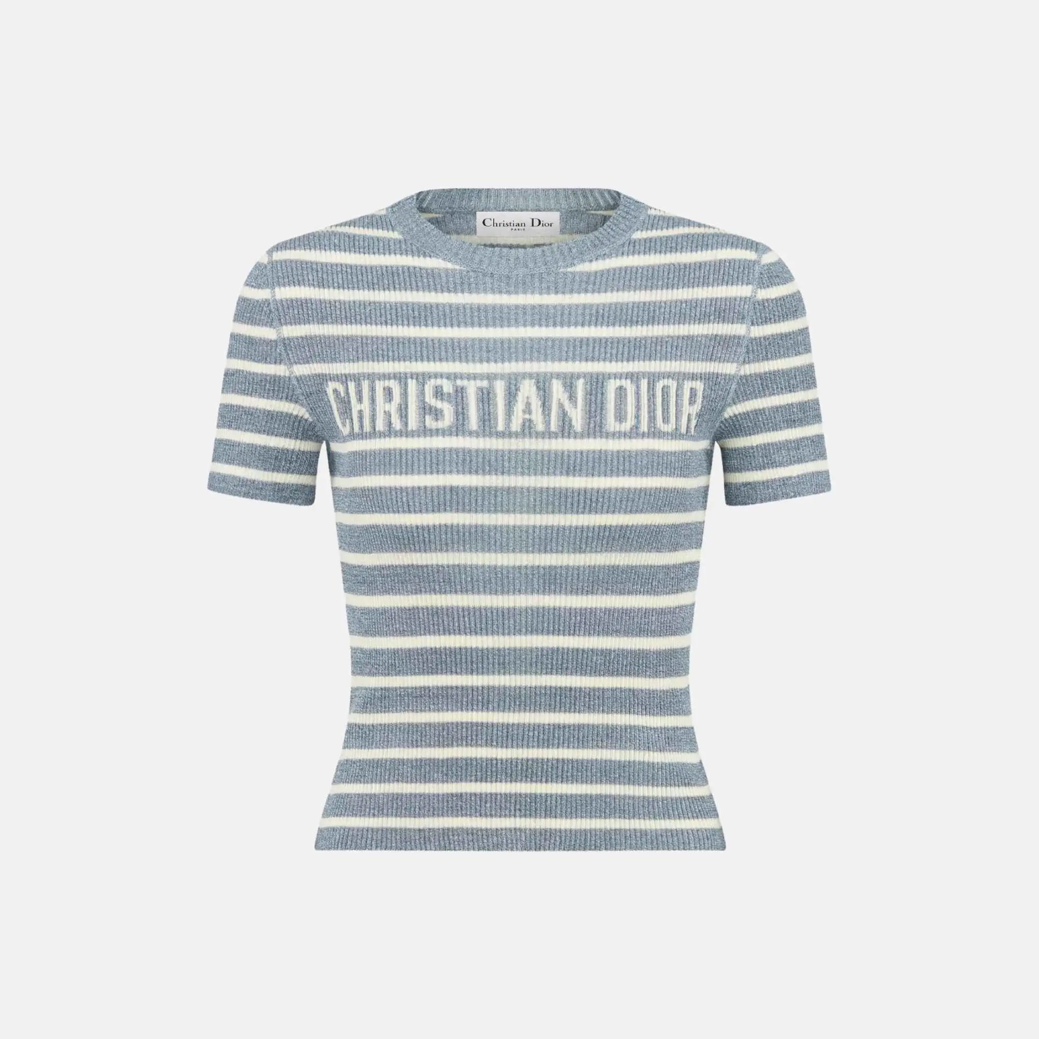 Dior Dioriviera Cropped Short Sleeved Sweater In Silk Knit, Denim Blue, Front