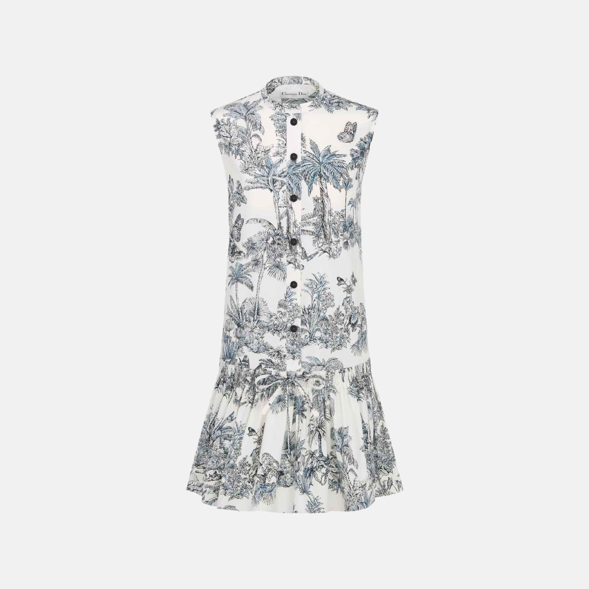 Dior Dioriviera Straight Ruffled Dress In Toile De Jouy Cotton Silk, Front