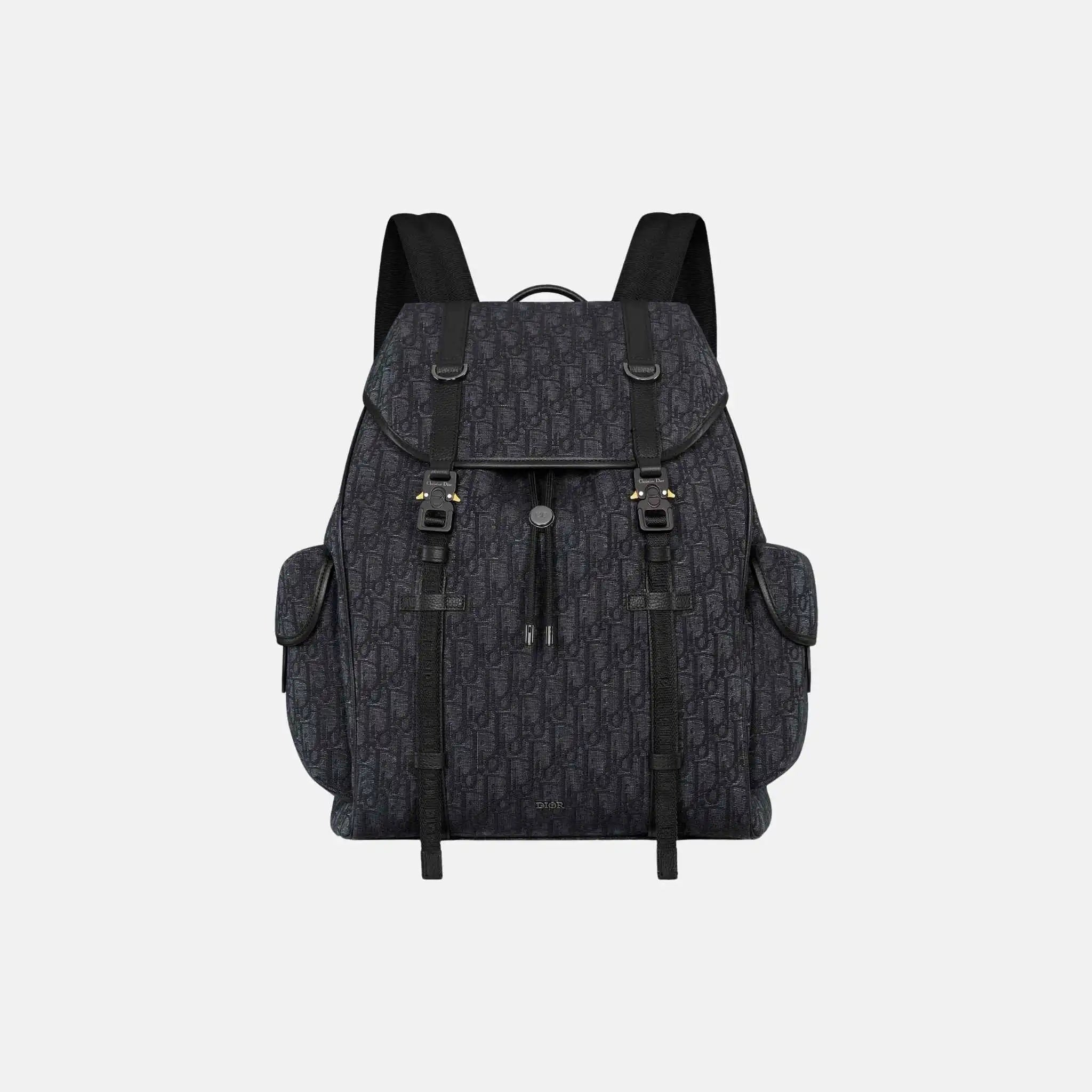 Dior Hit The Road Flap Backpack in Calfskin and Jacquard, Black, Front