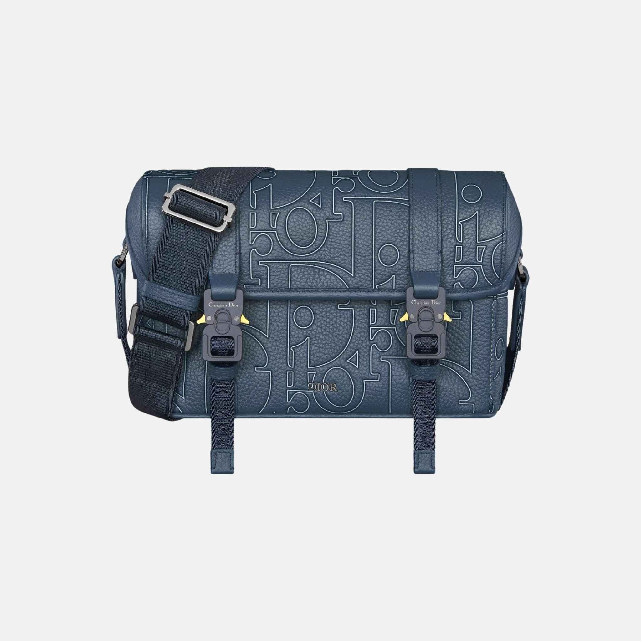 Dior Hit The Road Messenger Bag With Flap In Outline Leather And Calfskin, Navy Blue, Front