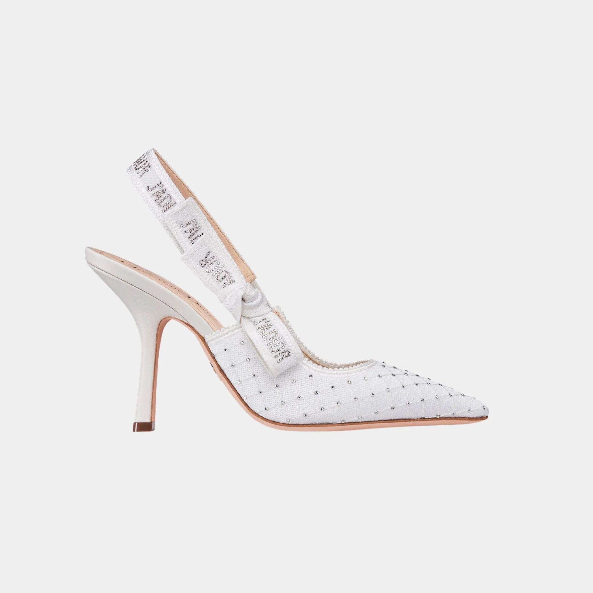 aDior J Adior Slingback Pumps Embroidered Cotton and Rhinestones, White, Side