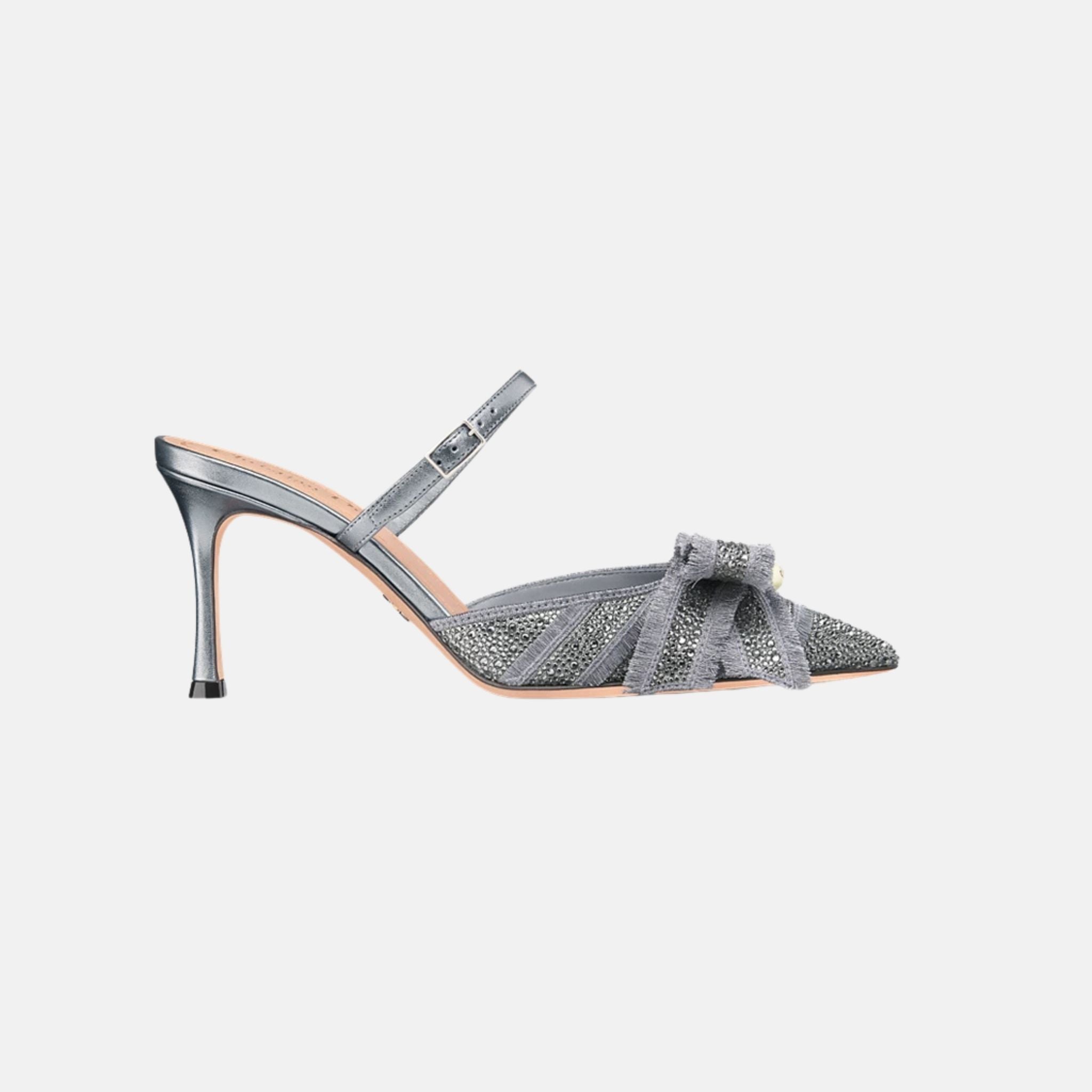 Dior Or Adiorable Heeled Mule In Cotton and Laminated Lambskin, Silver, Side