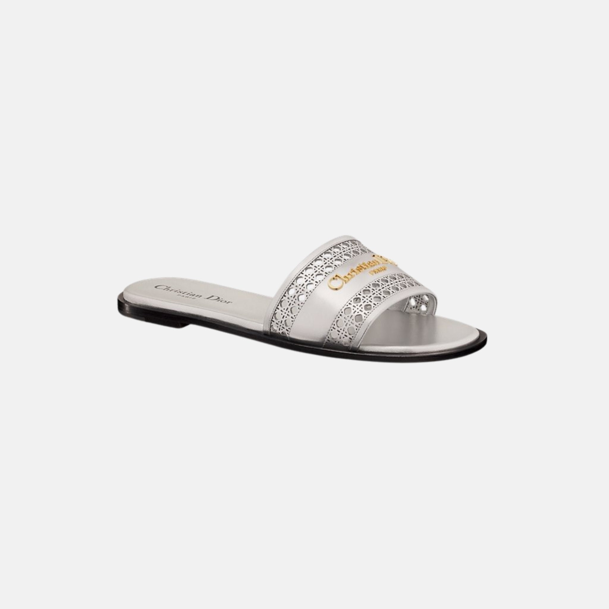 Dior Or D Lane Slide In Openwork Microcannage Laminated Calfskin, Silver, Front