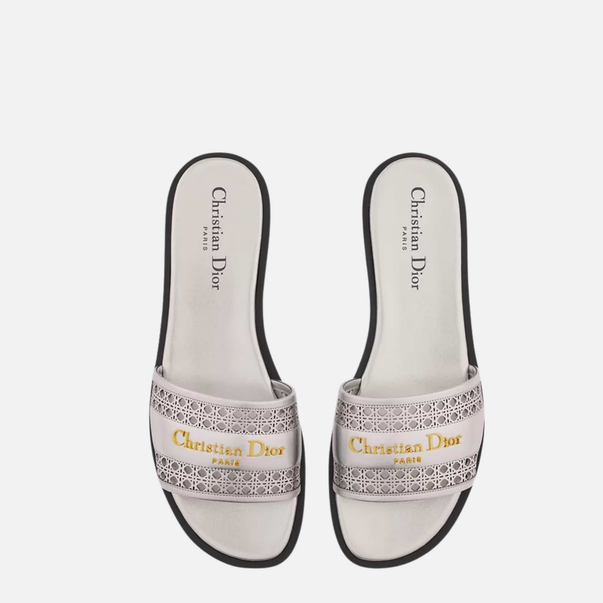 Dior Or D Lane Slide In Openwork Microcannage Laminated Calfskin, Silver, Top