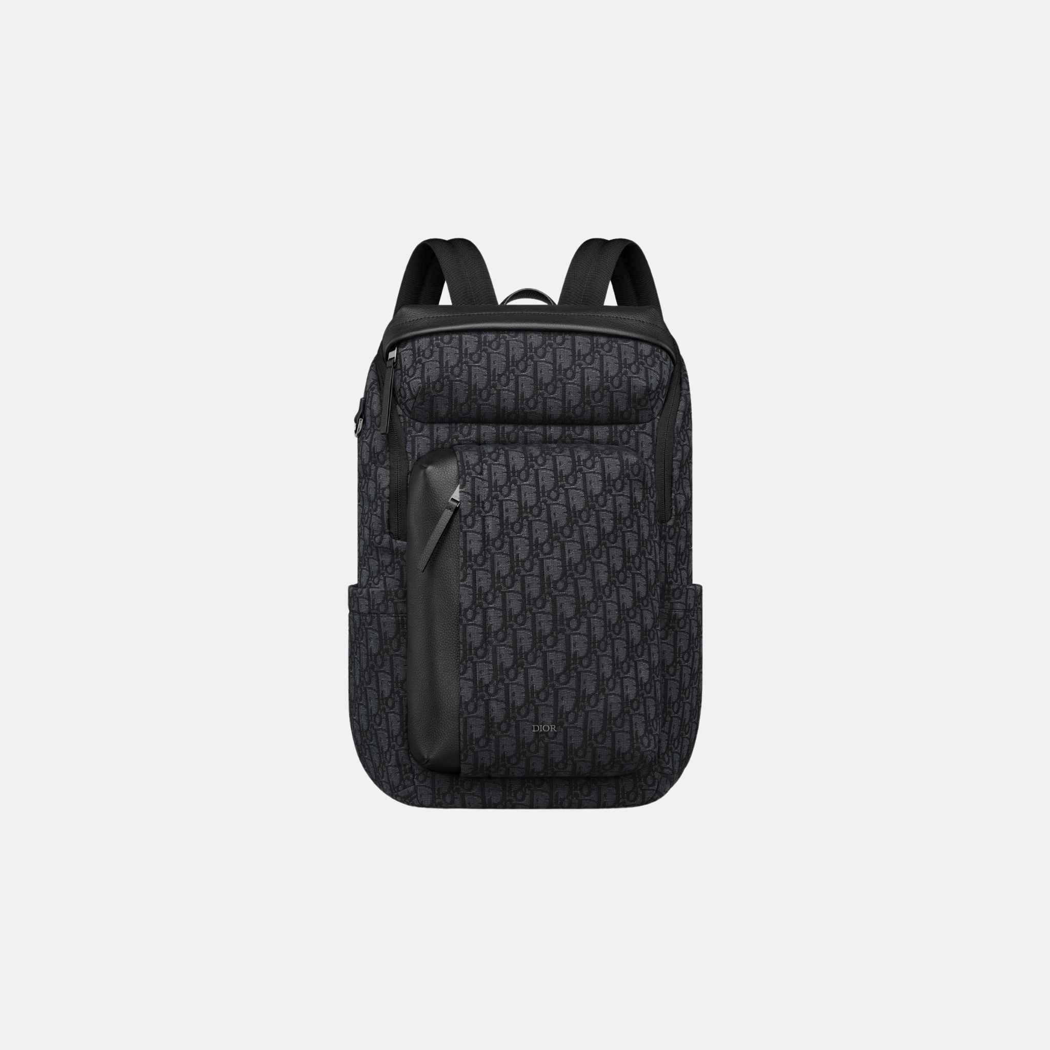 Dior Rider Soft Zipped Backpack In Oblique Jacquard And Grained Calfskin, Black, Front