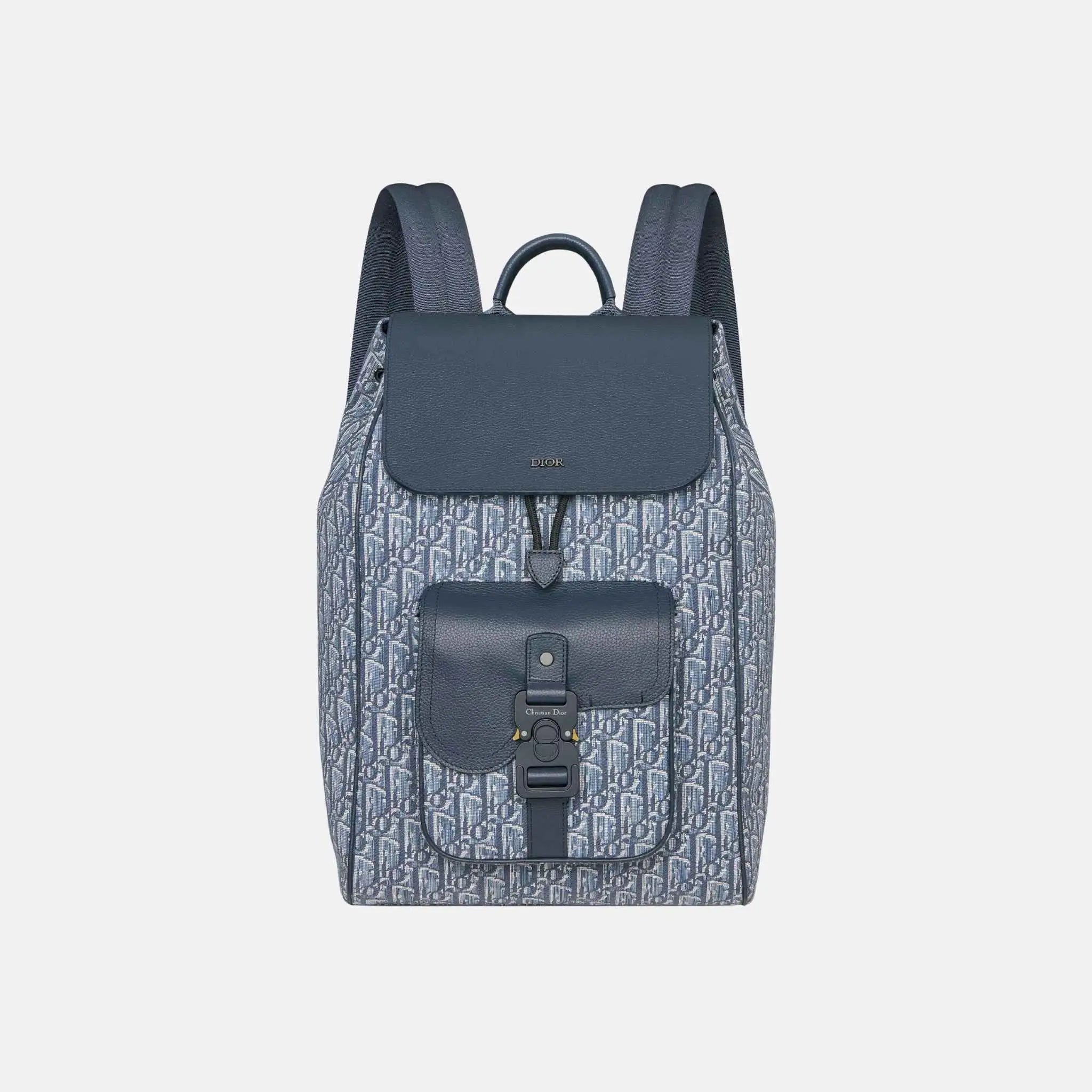 Dior Saddle Flap Backpack in Oblique and Grained Calfskin, Blue, Front