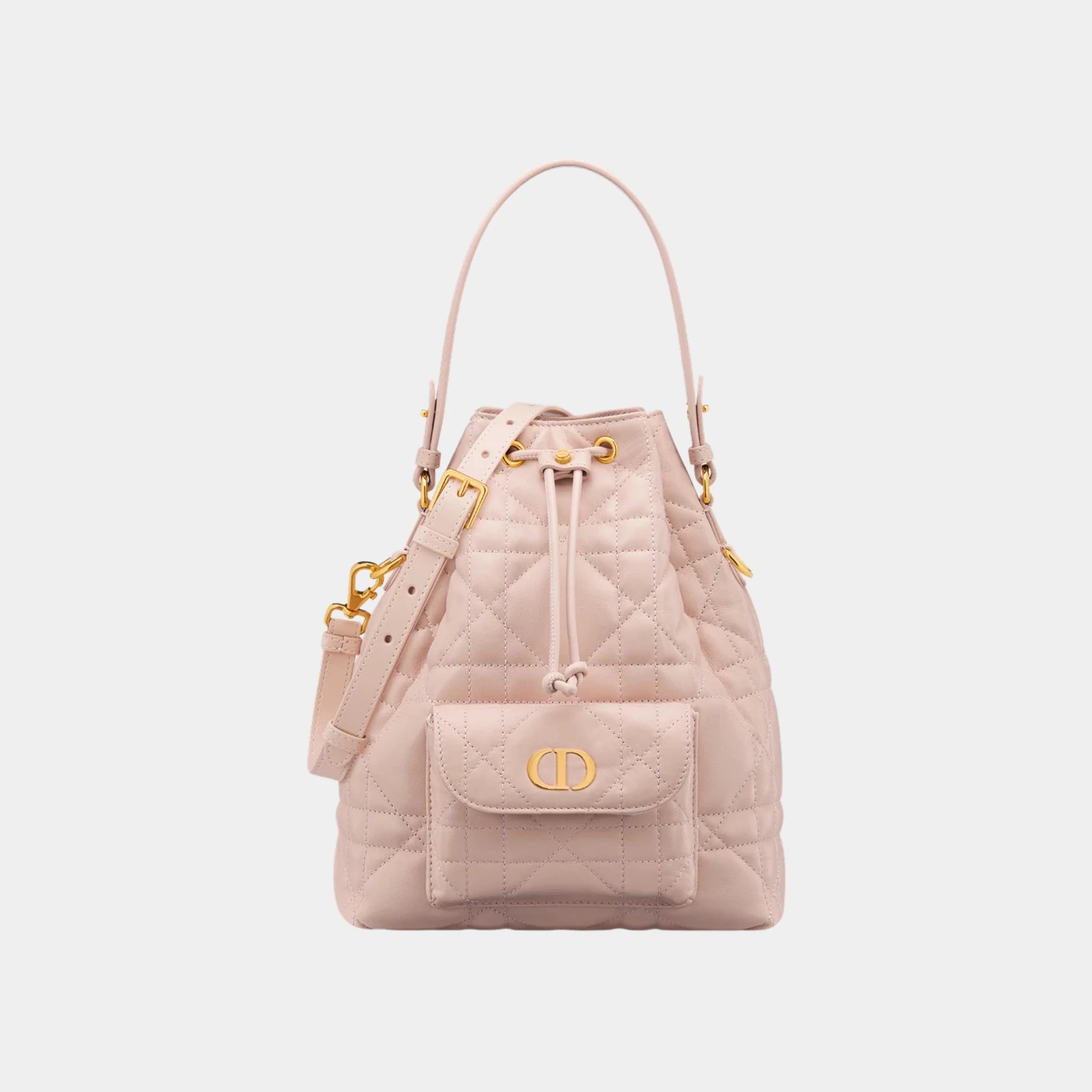 Dior Small Caro Bucket Bag In Macrocannage Lambskin, Pink, Front