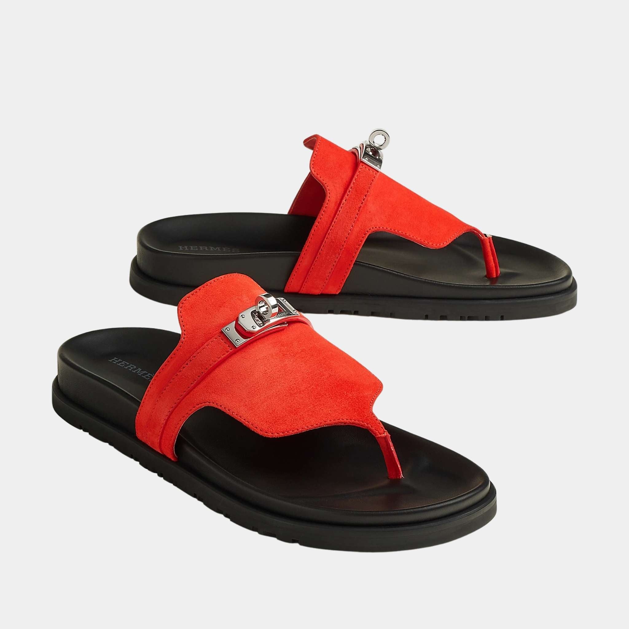 Hermes Empire Sandal Suede Palladium Plated Buckle, Rouge Grenadine, Front