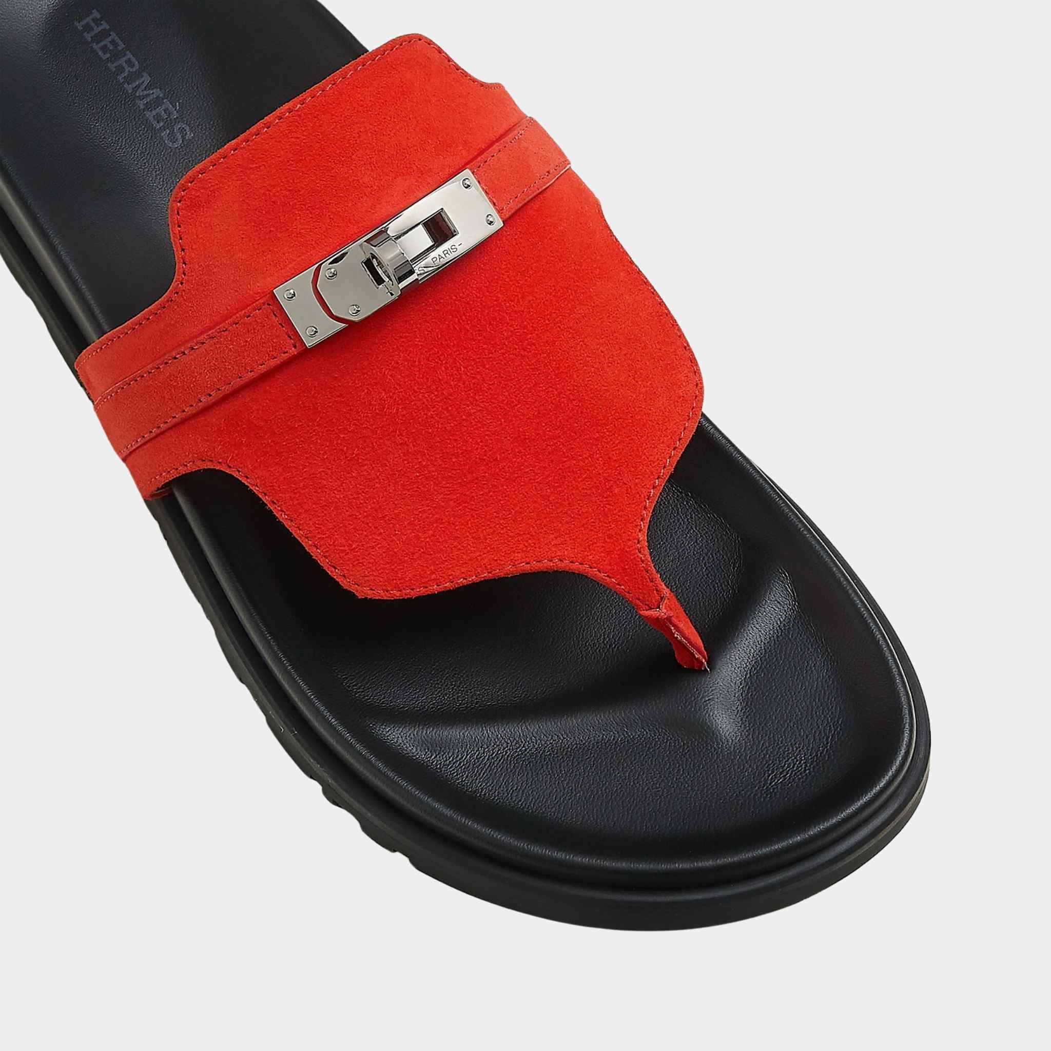 Hermes Empire Sandal Suede Palladium Plated Buckle, Rouge Grenadine, Top