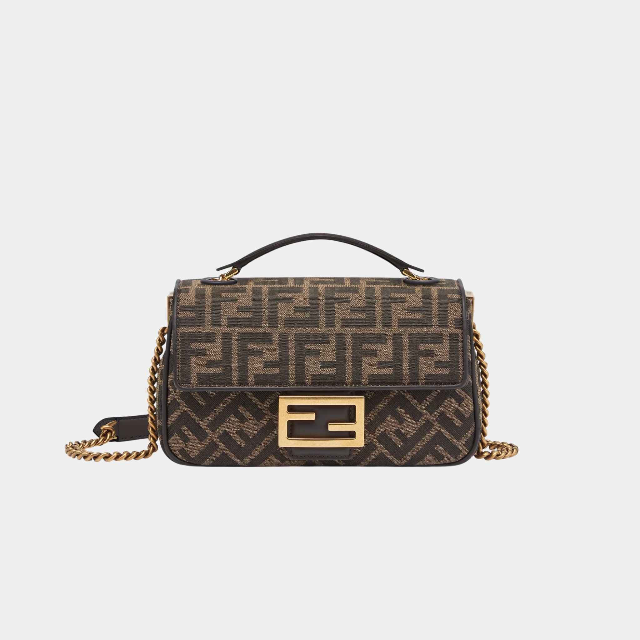 Fendi Baguette Chain Midi Brown FF Jacquard Fabric Bag, Front
