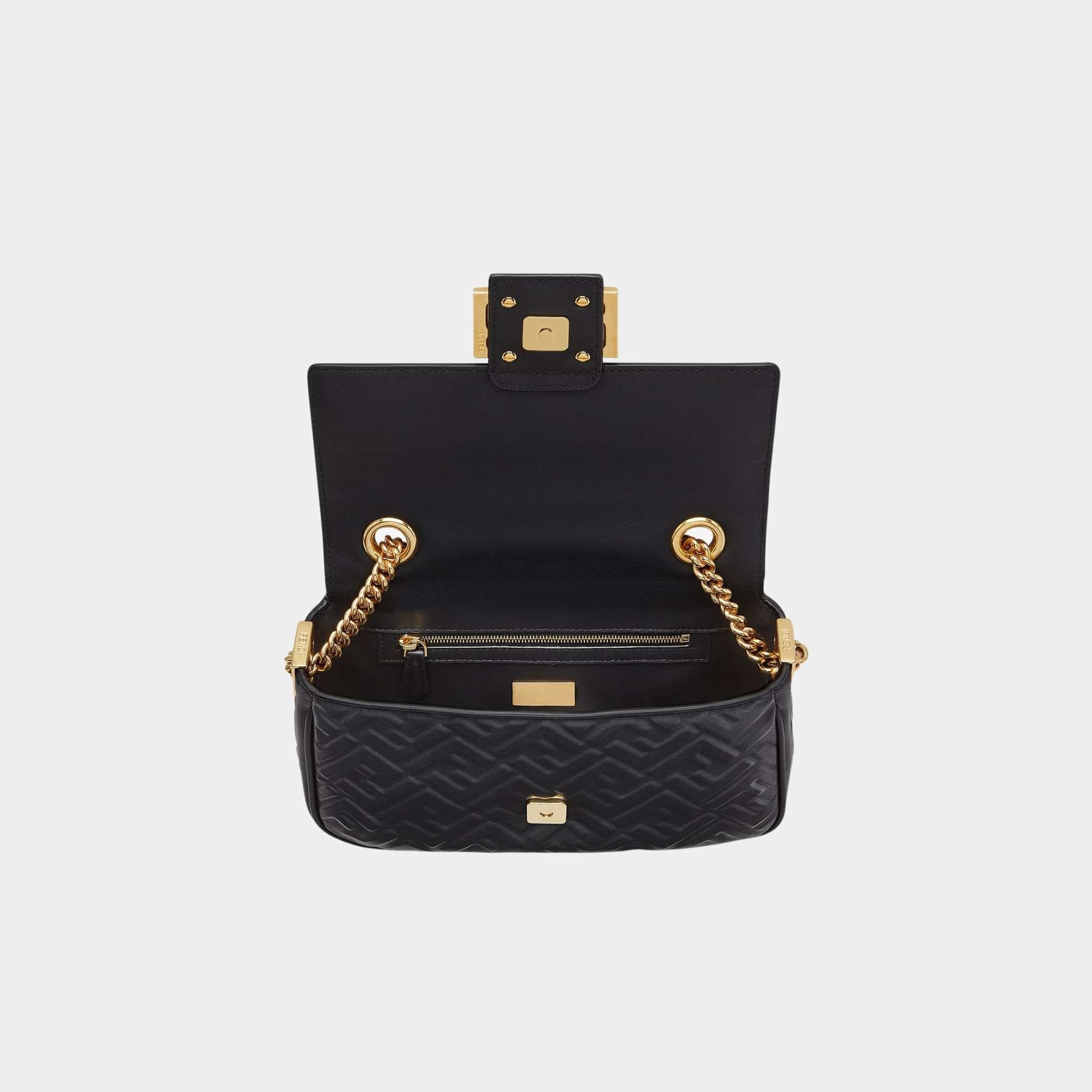 Fendi Baguette Chain Midi Nappa Bag With FF Pattern, Black, Top