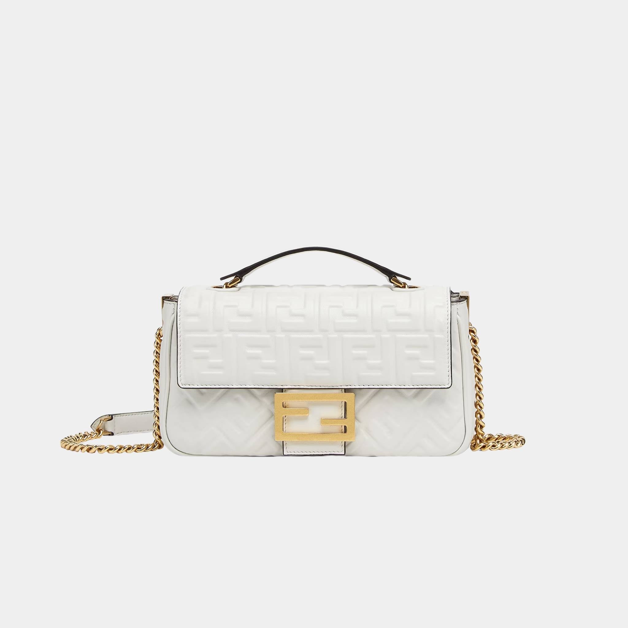 Fendi Baguette Chain Midi Nappa Bag With FF Pattern, White, Front