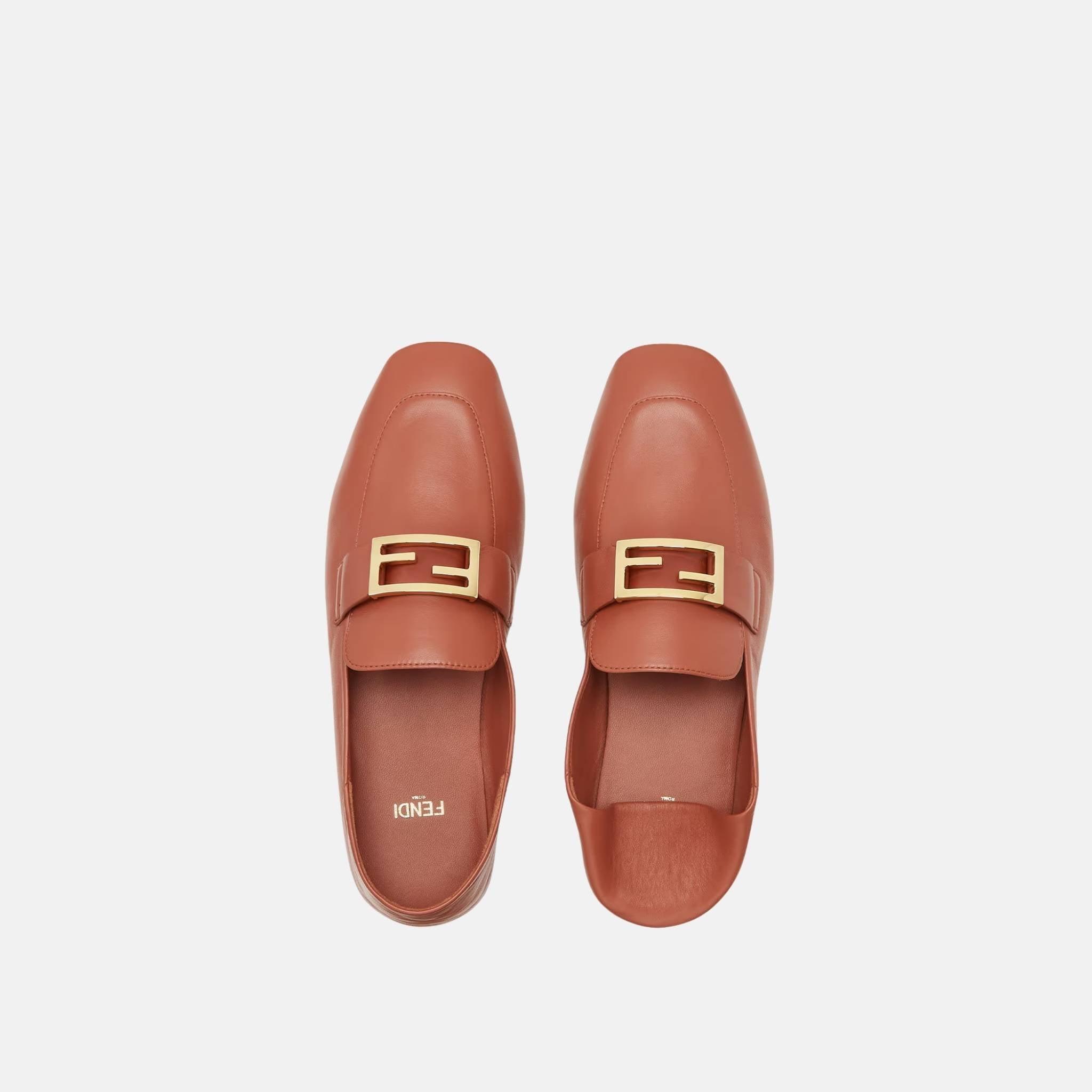 Fendi Baguette Leather Loafers, Beige, Top