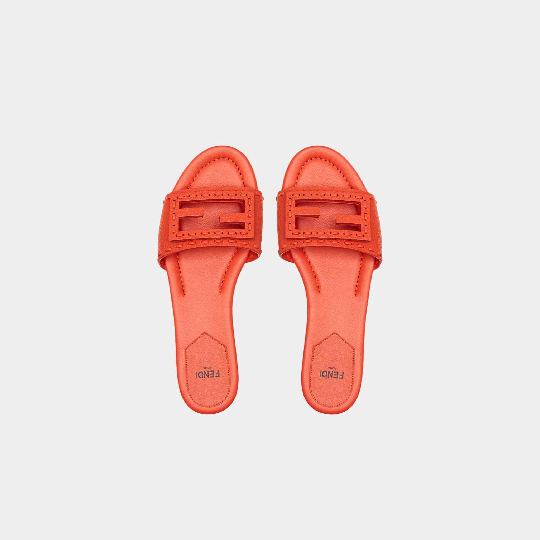 Fendi Baguette Leather Slides With Macro Selleria Topstitches, Red, Top