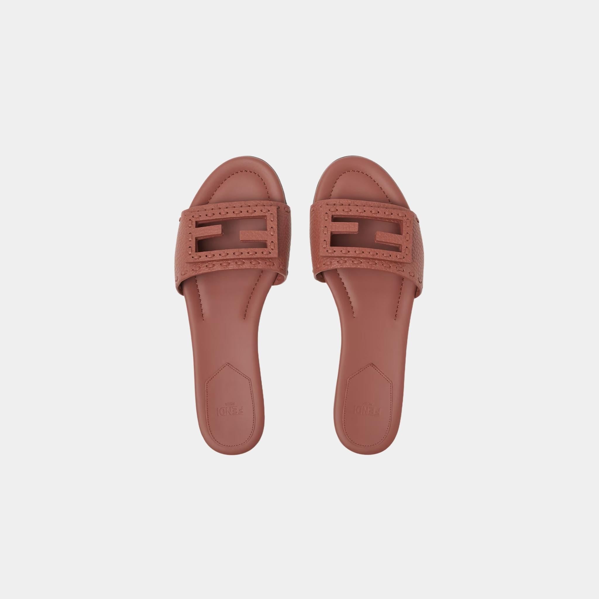 Fendi Baguette Leather Slides With Macro Selleria Topstitches, Sienna, Top