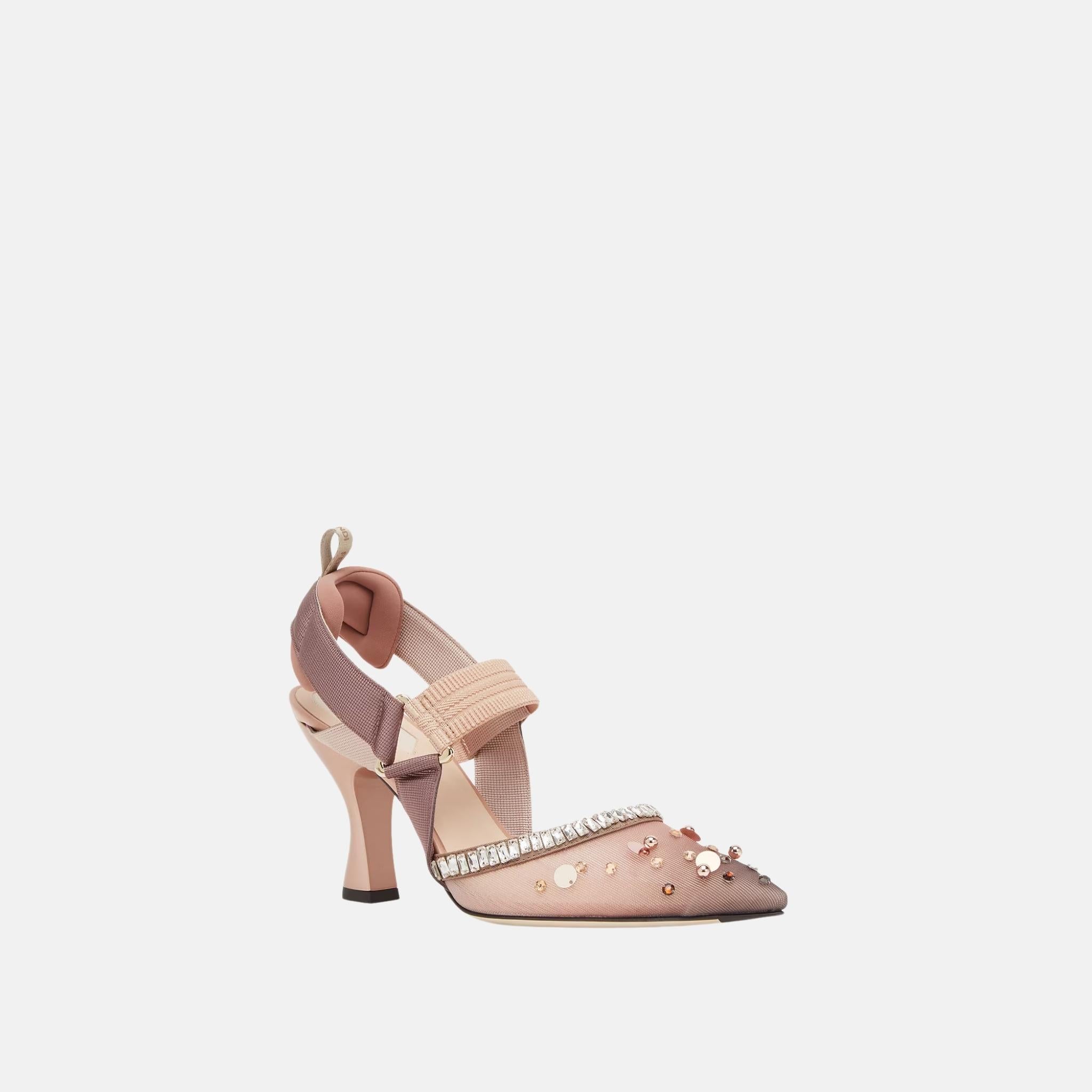 Fendi Colibri High Heeled Slingbacks In Pink Mesh & Crystals, Front
