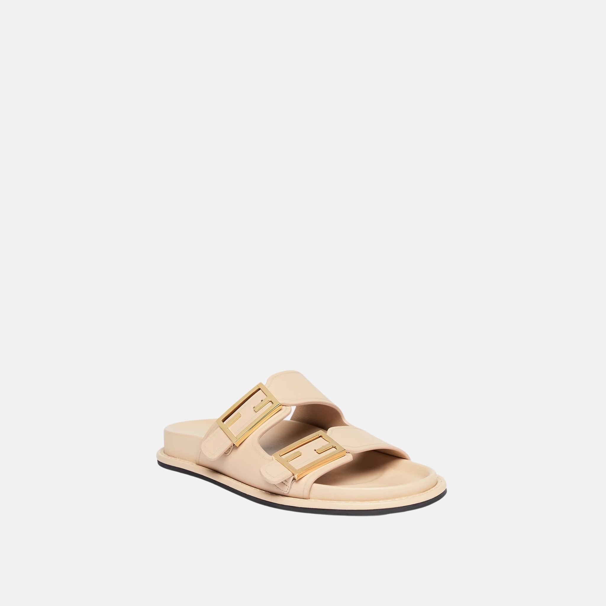 Fendi Feel Slides In Leather, Beige, Side