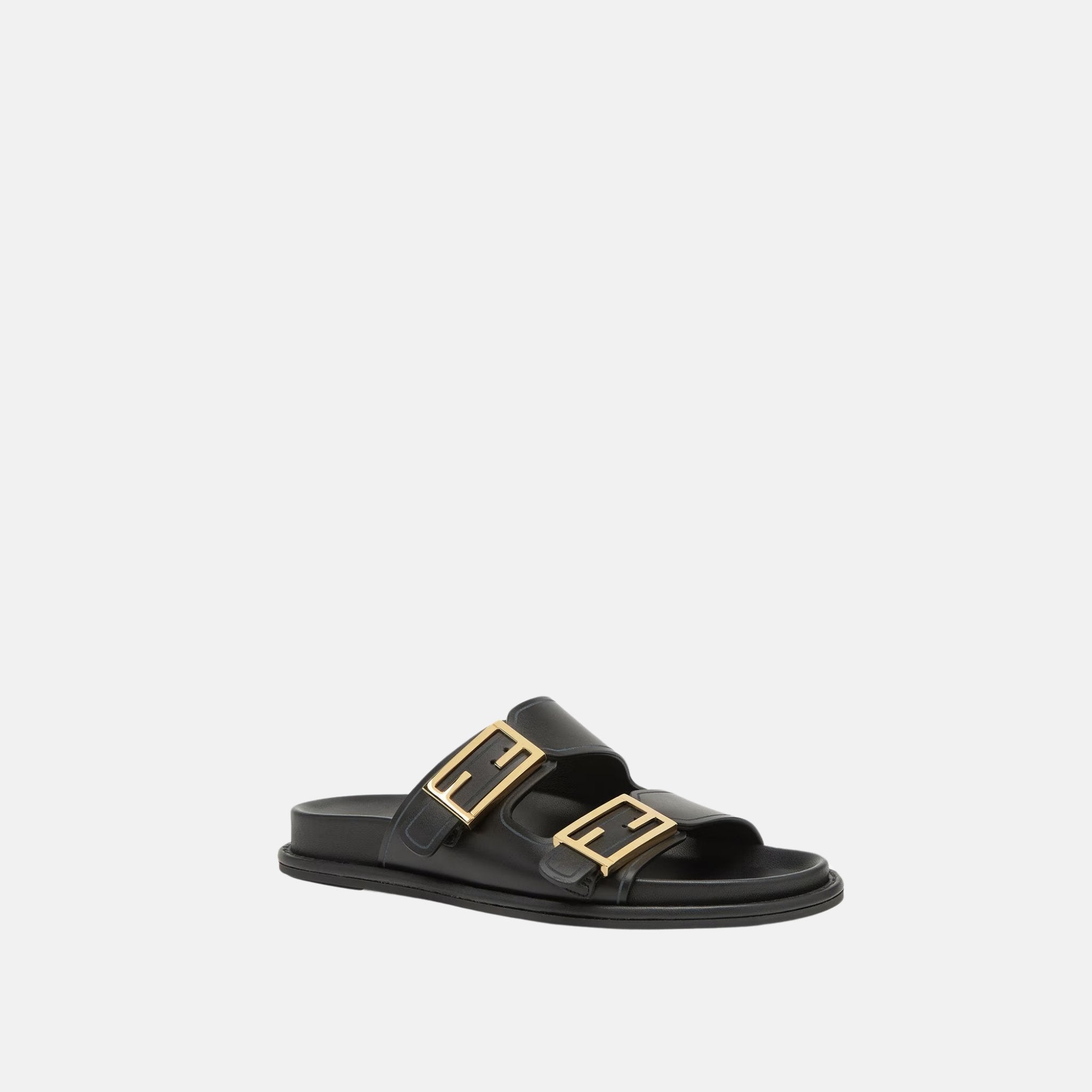 Fendi Feel Slides In Leather, Black, Side