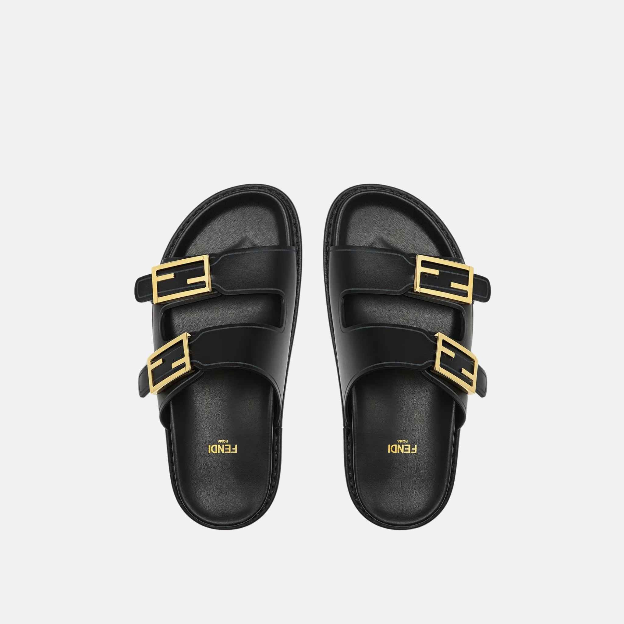 Fendi Feel Slides In Leather, Black, Top