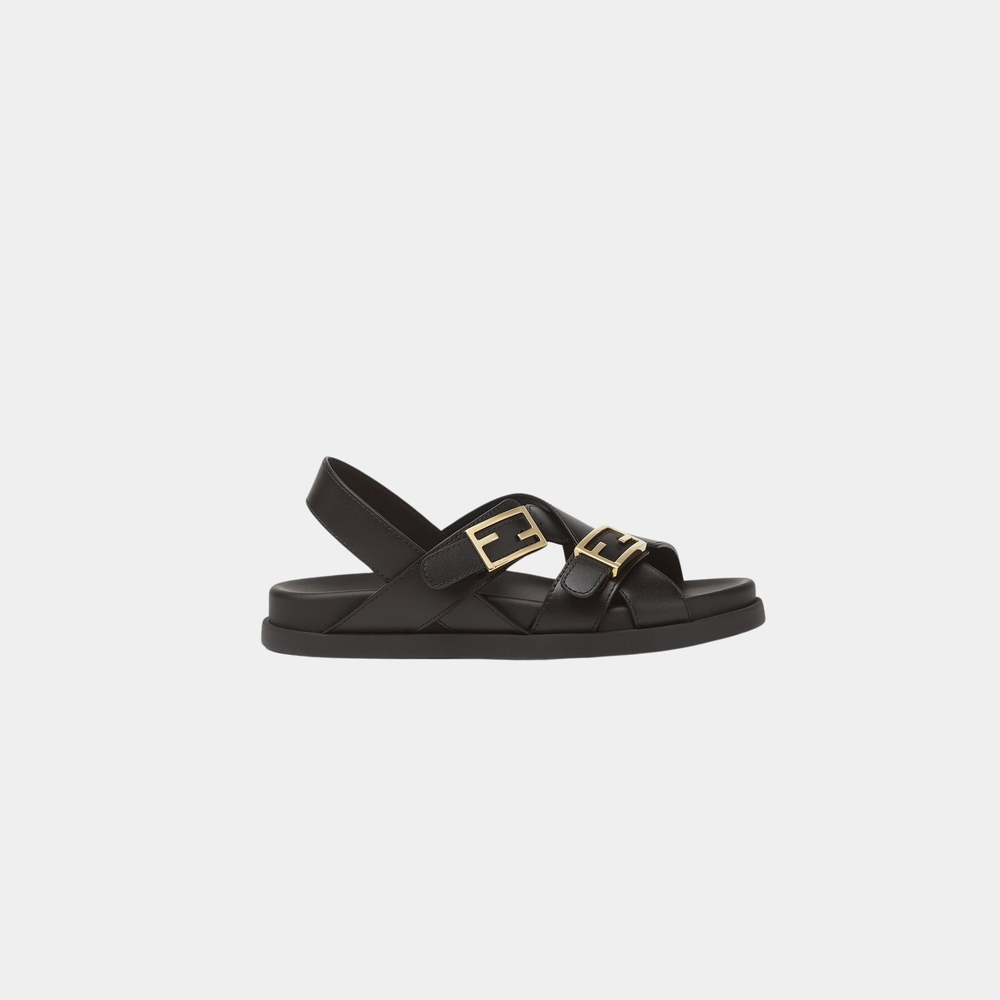 Fendi Feel Triple-Band Flat Cross-Over Leather Slides, Black, Side
