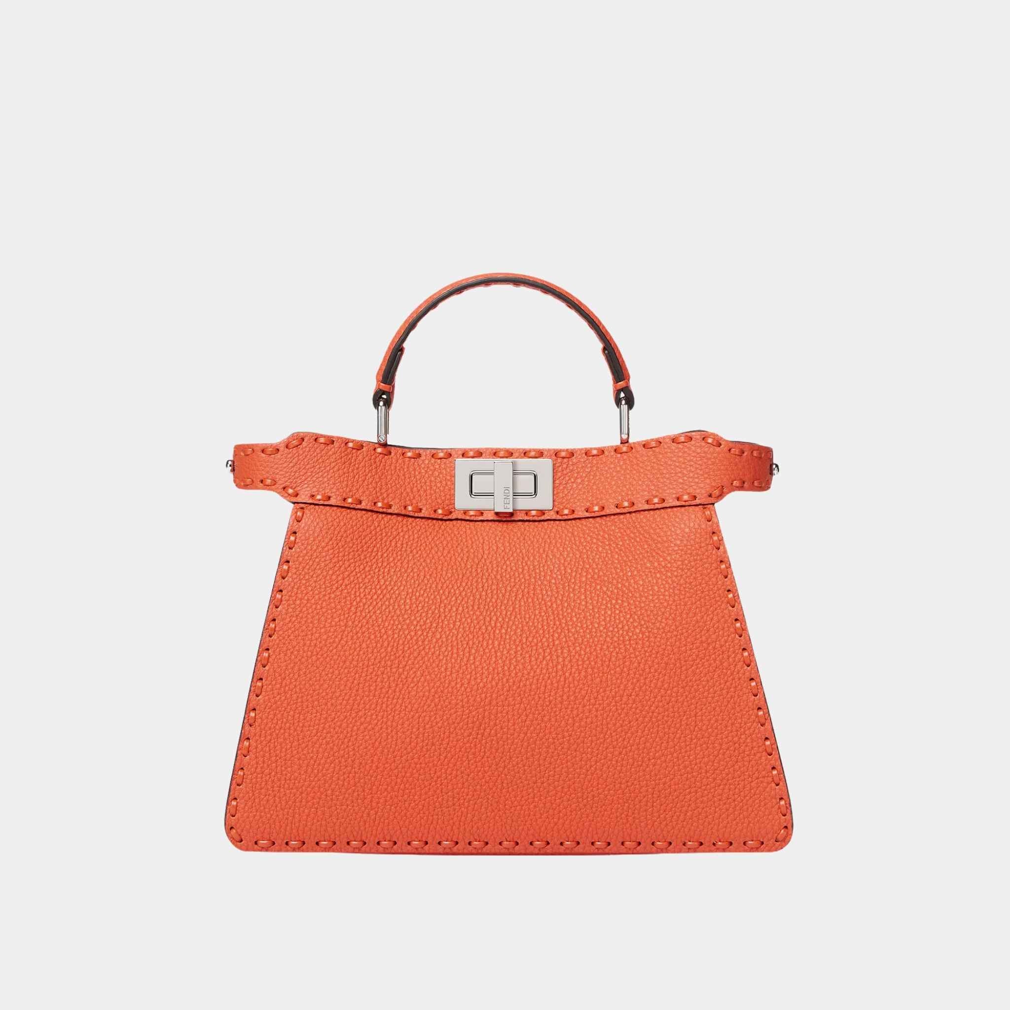 Fendi Peekaboo ISeeU Small Selleria Bag With 556 Hand-Sewn Stitches, Orange, Front