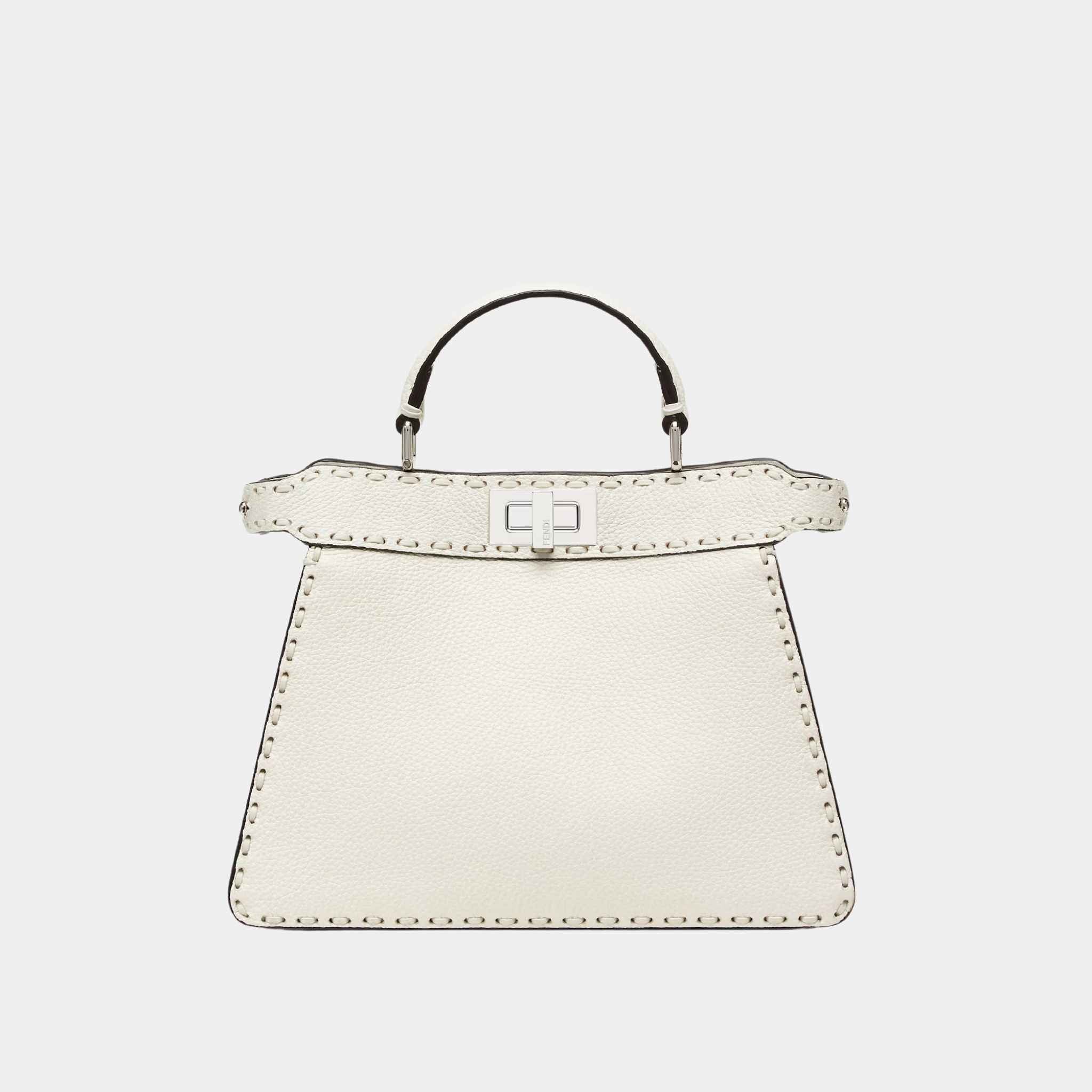 Fendi Peekaboo ISeeU Small Selleria Bag With 556 Hand-Sewn Stitches, White, Front