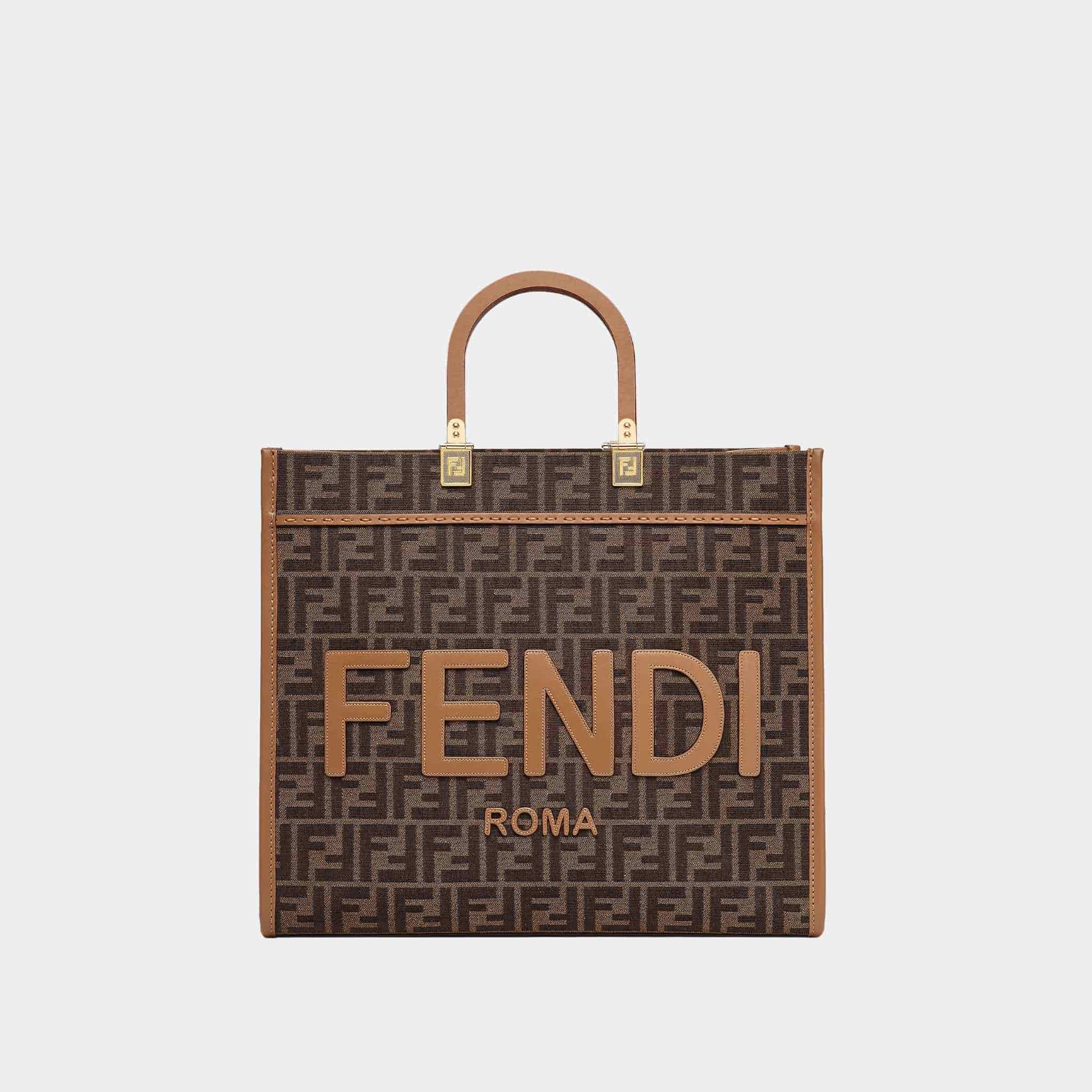 Fendi Sunshine Medium Brown FF Jacquard Fabric Shopping Bag, Front