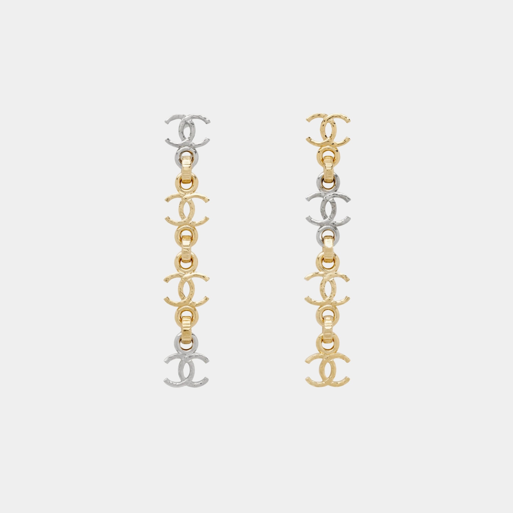 Chanel Gold and Silver CC Pendant Chain Earrings, Front