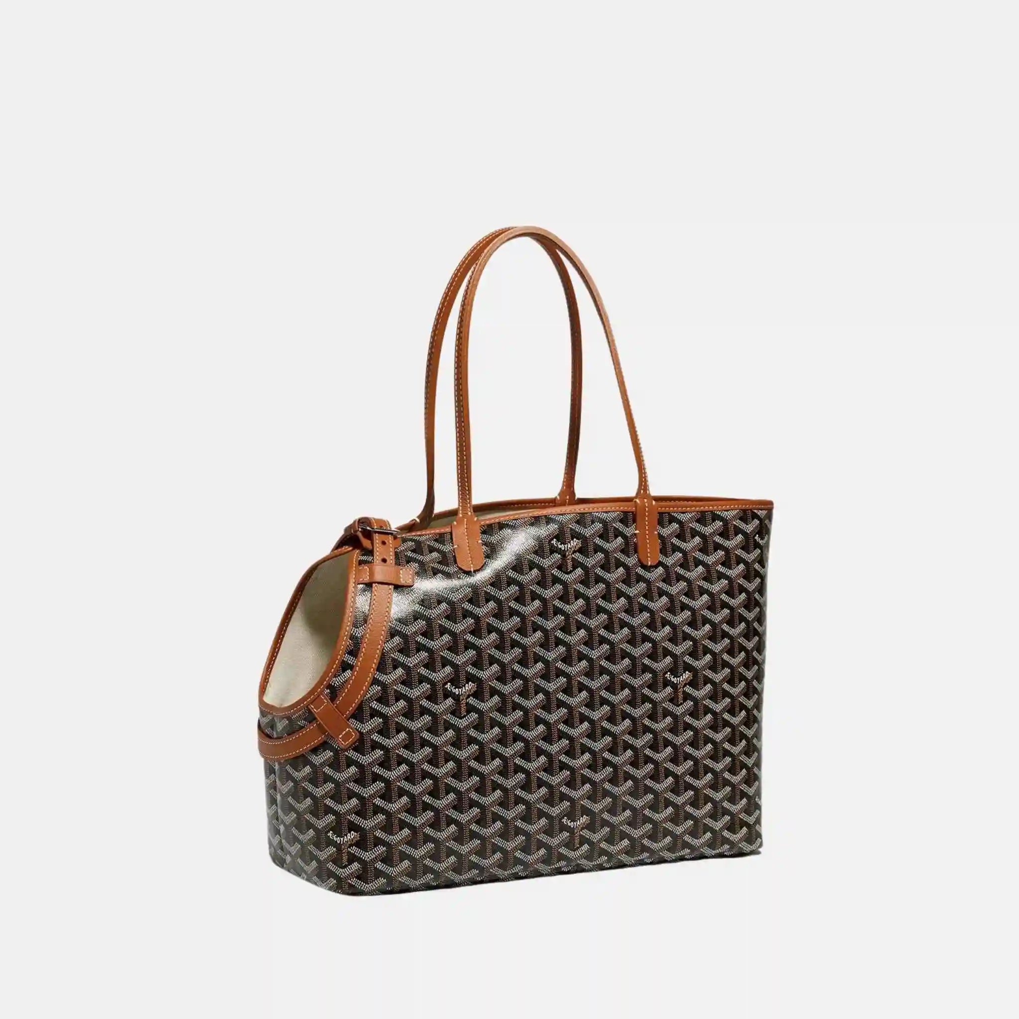 Goyard Chien Gris Luxury Pet Travel Bag, Black and Tan, Side