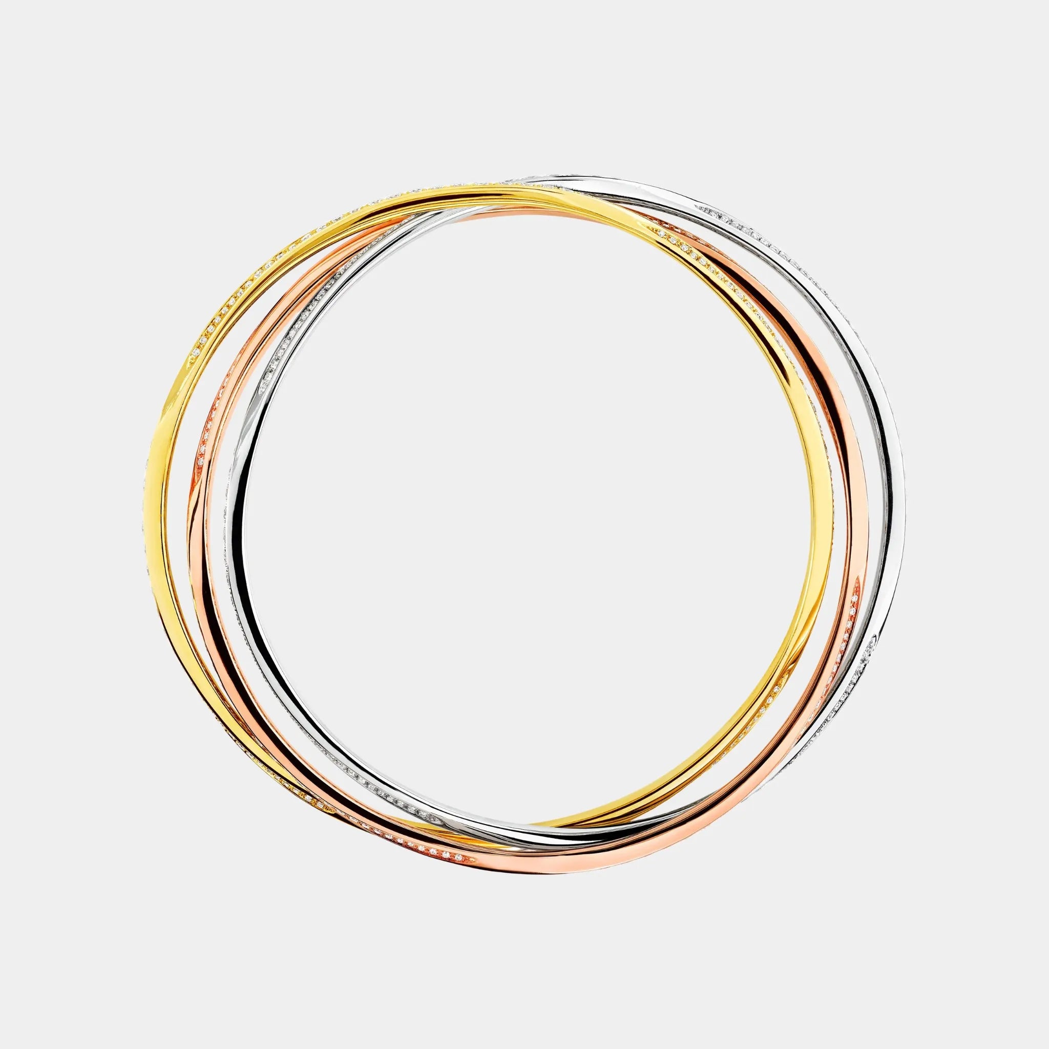 Graff Triple Spiral Pavé Diamond Bangle, White, Rose and Yellow Gold, Side