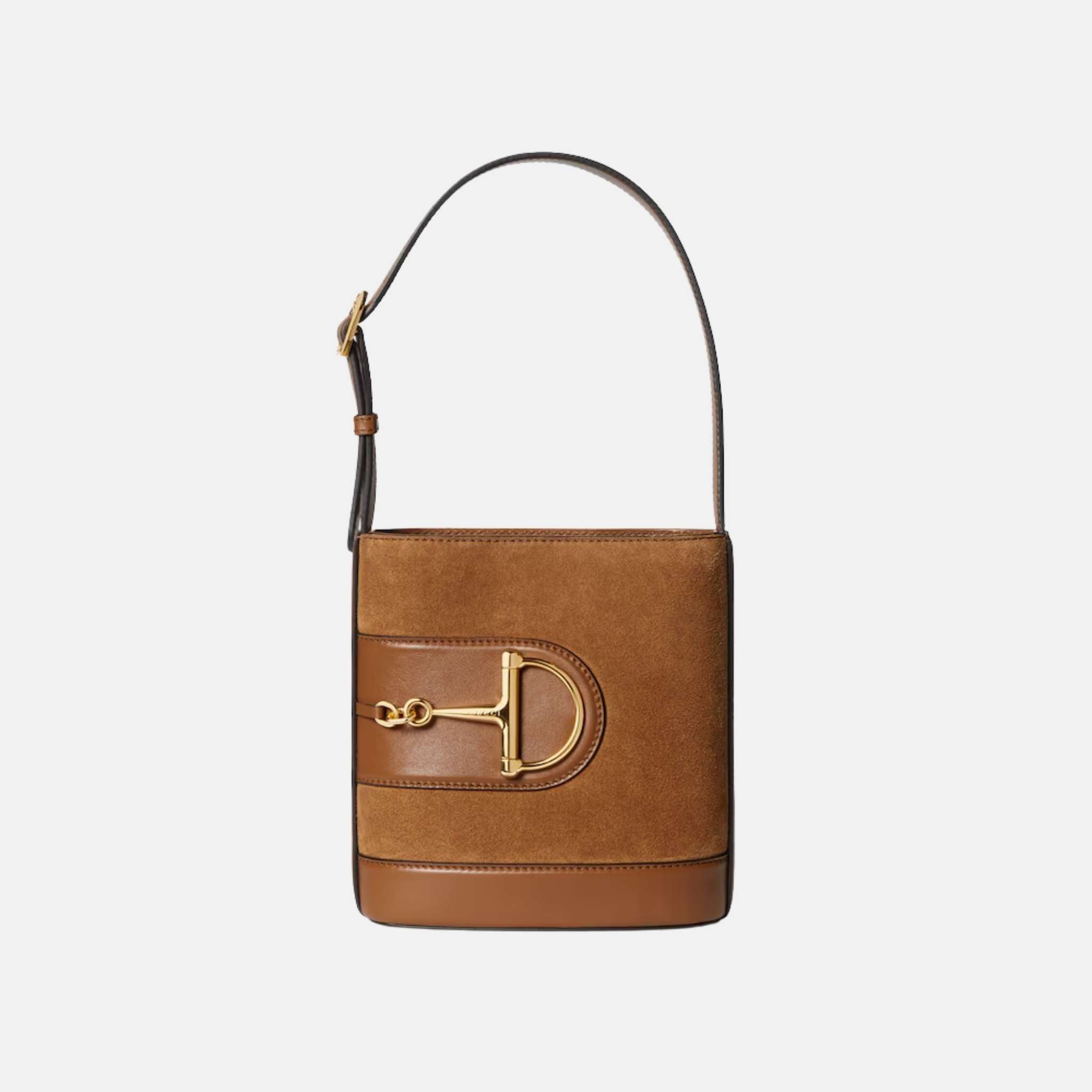 Gucci 73 Small Bucket Bag In Smooth Leather, Brown Suede, Front