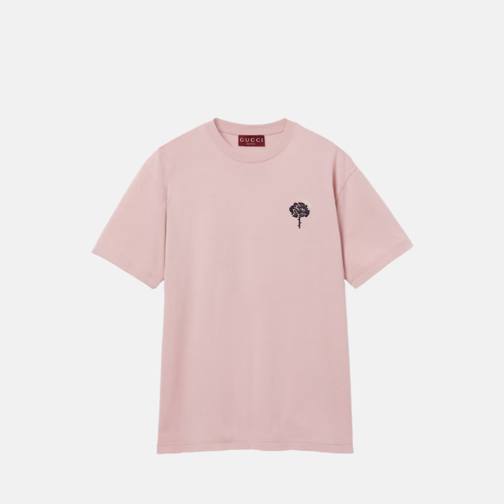 Gucci Cotton Jersey T Shirt With Gucci Flower Embroidery, Rose, Front