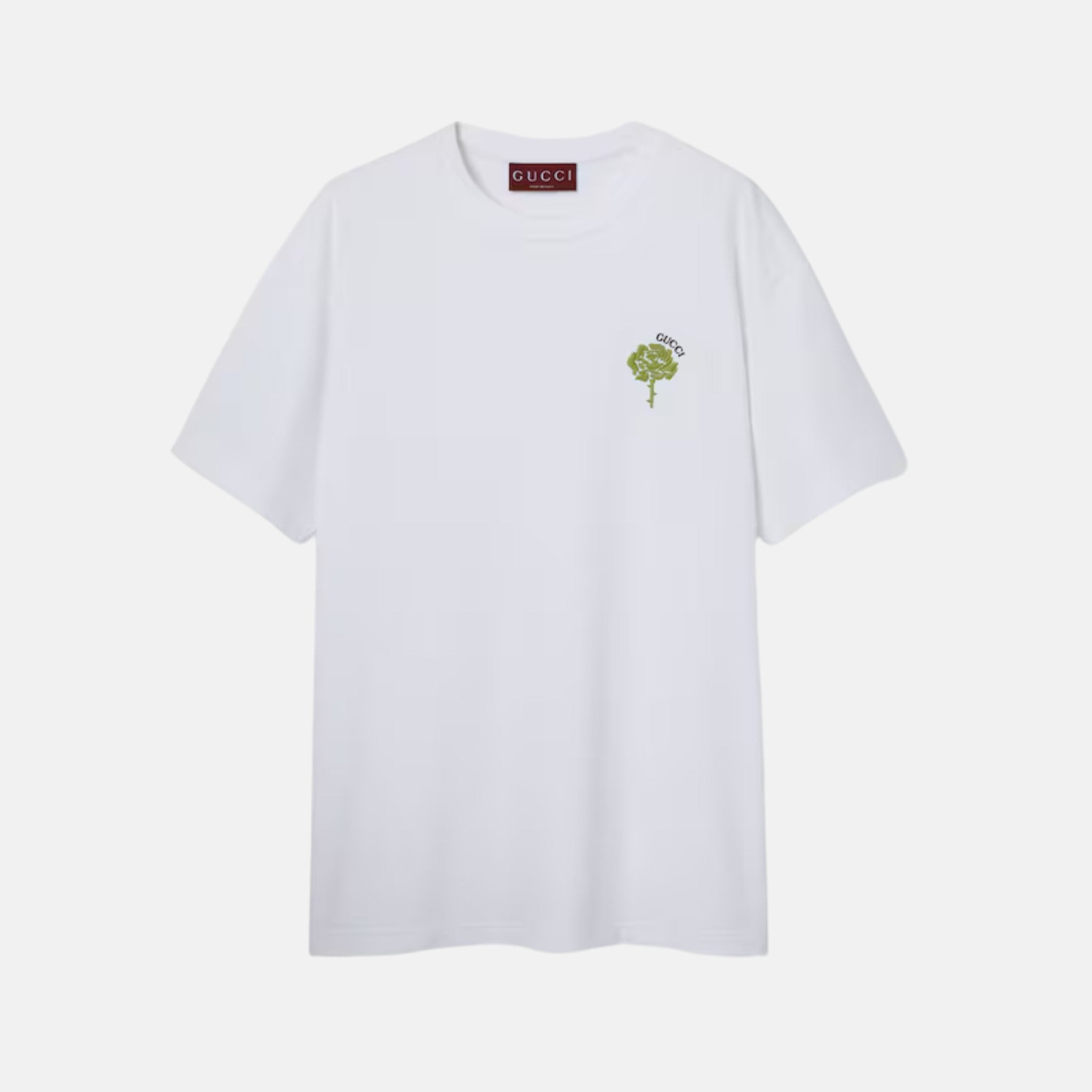 Gucci Cotton Jersey T Shirt With Gucci Flower Embroidery, White, Front
