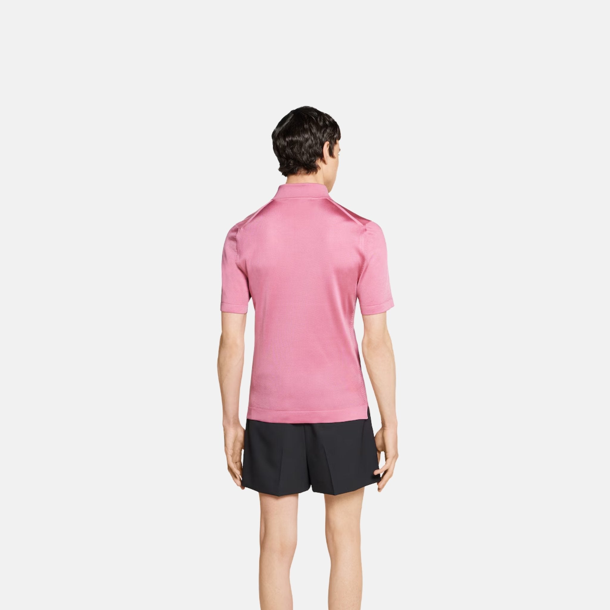 Gucci Fine Silk Knit Polo Top With Intarsia, Pink, Back