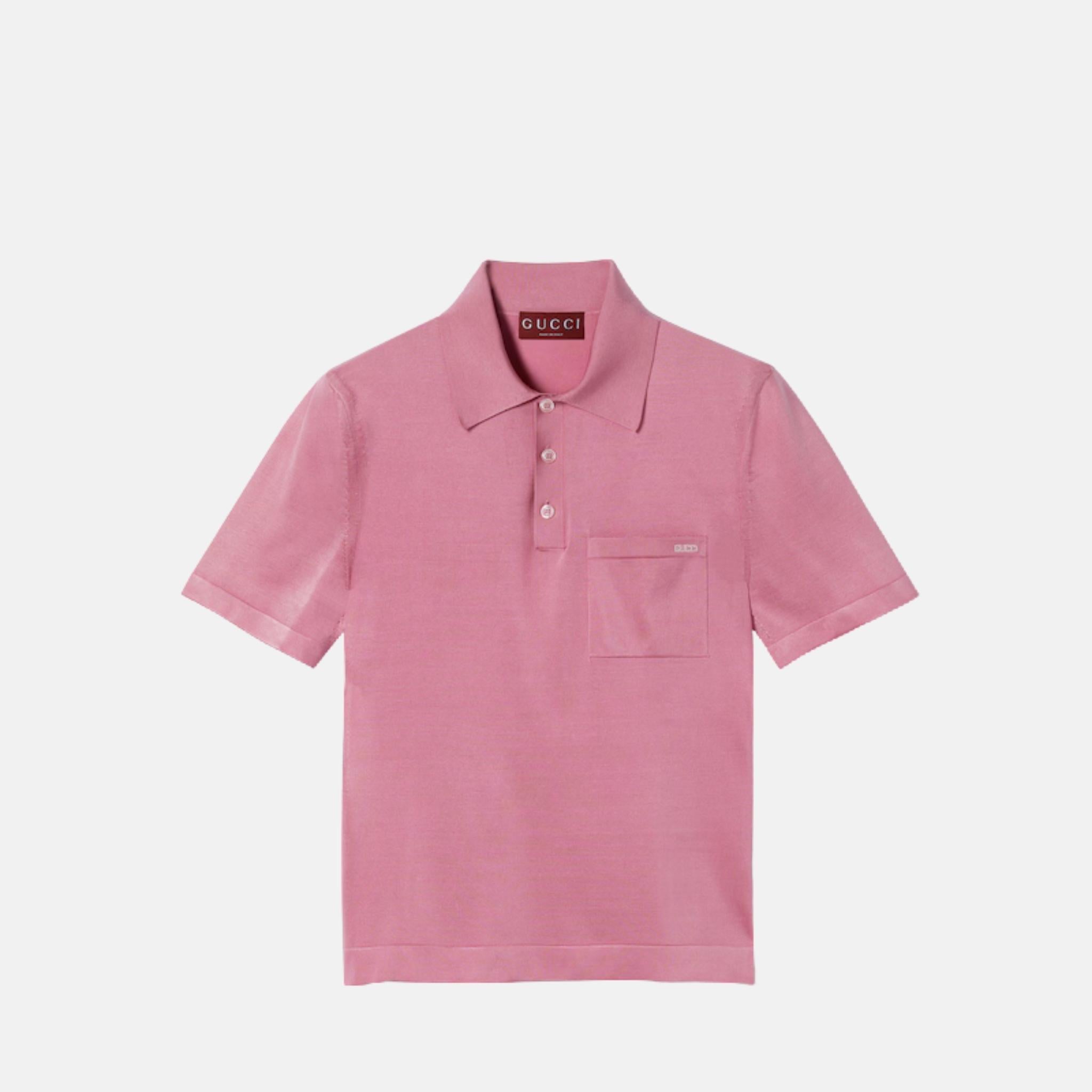 Gucci Fine Silk Knit Polo Top With Intarsia, Pink, Front
