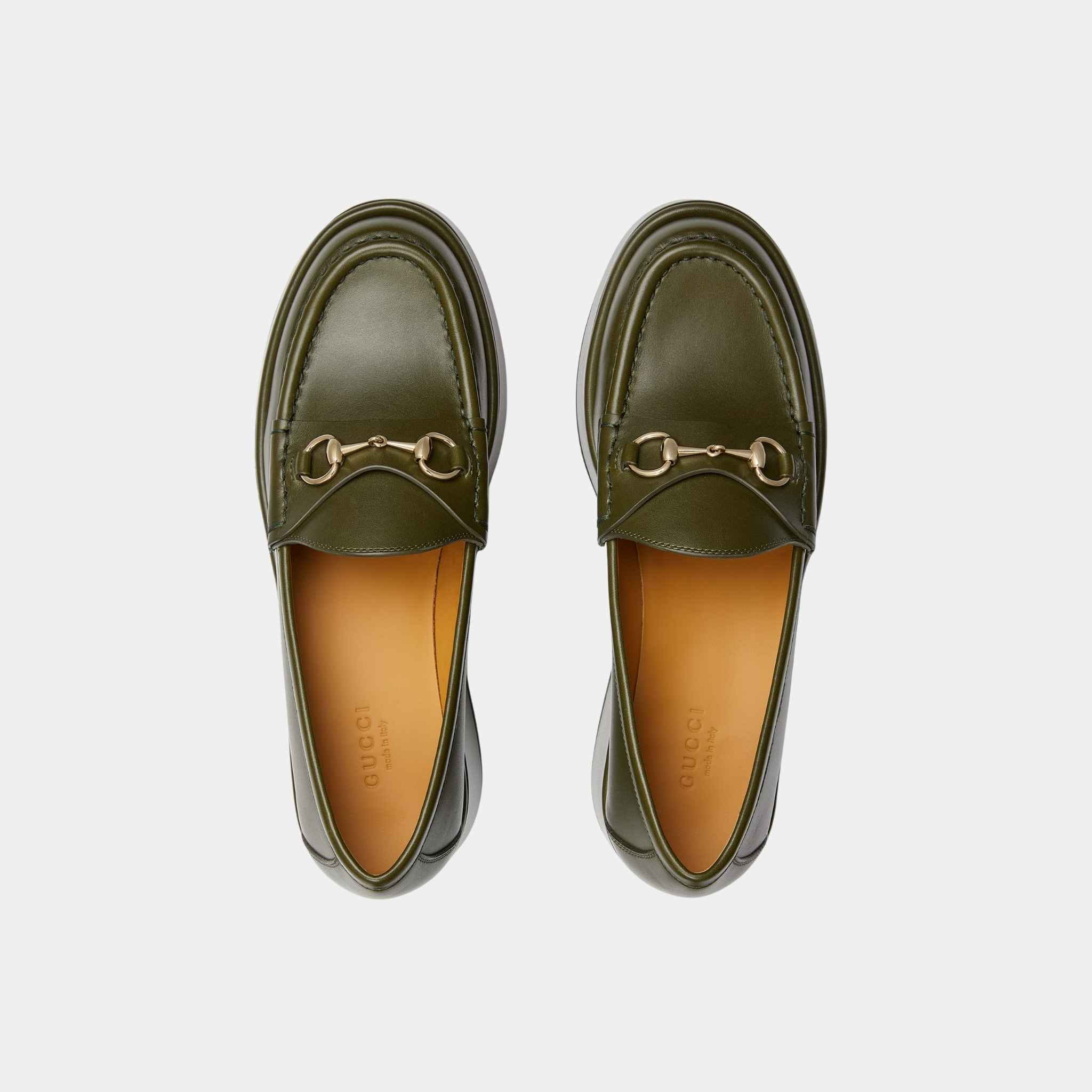 Gucci Horsebit Wedge Leather Loafer, Forest Green, Top