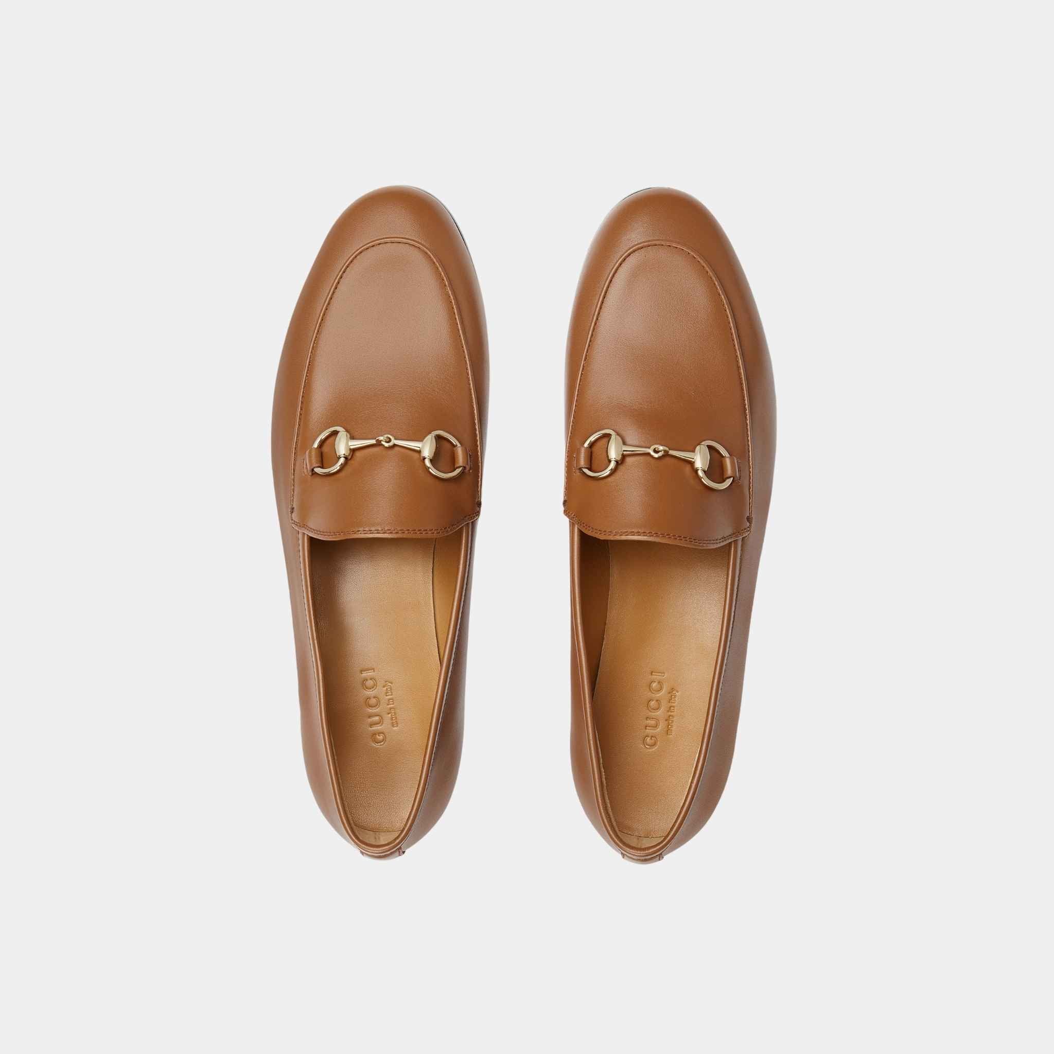 Gucci Jordaan Leather Loafer With Light Gold-Toned Hardware, Brown, Top