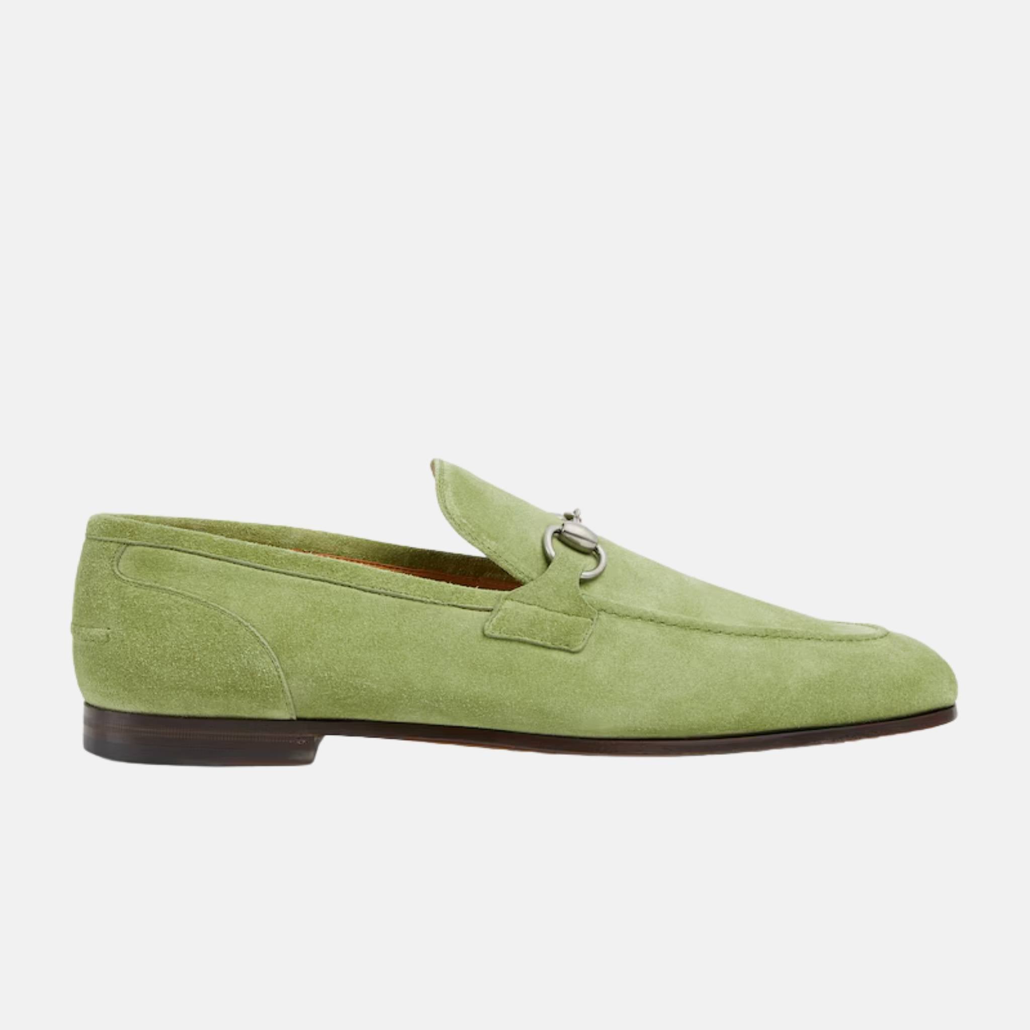 Gucci Jordaan Mens Loafer In Suede With Blake Construction, Green, Top