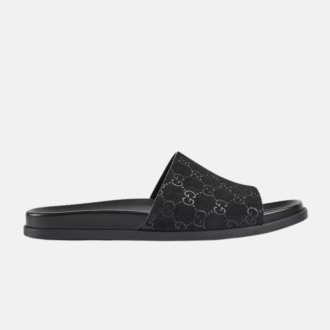 Gucci Mens Slide Sandal In GG Suede, Black, Side
