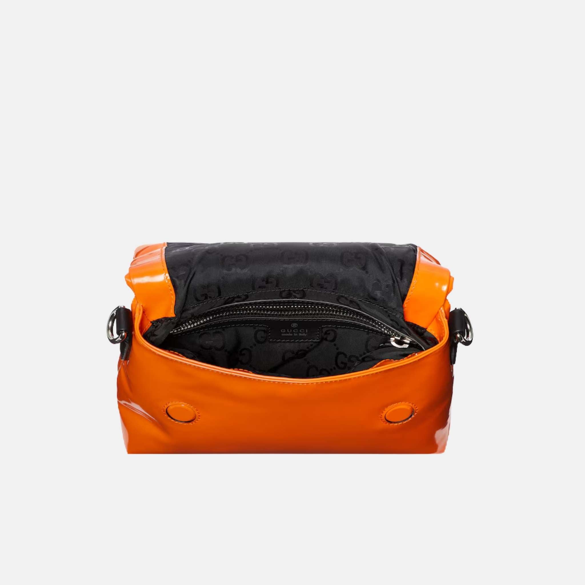 Gucci Padded Mini Crossbody Bag In Patent Leather, Orange, Inside