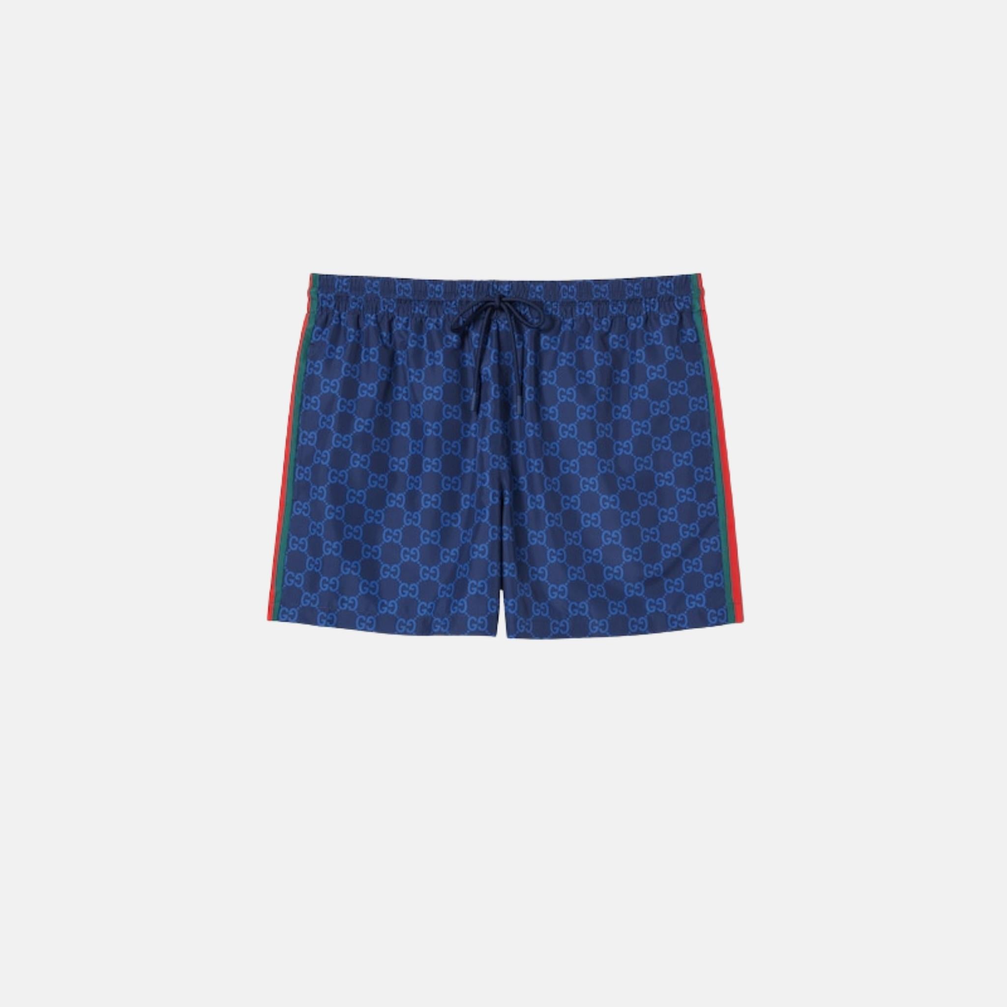 Gucci Printed Technical Poplin Swim Shorts With GG Print, Blue, Front