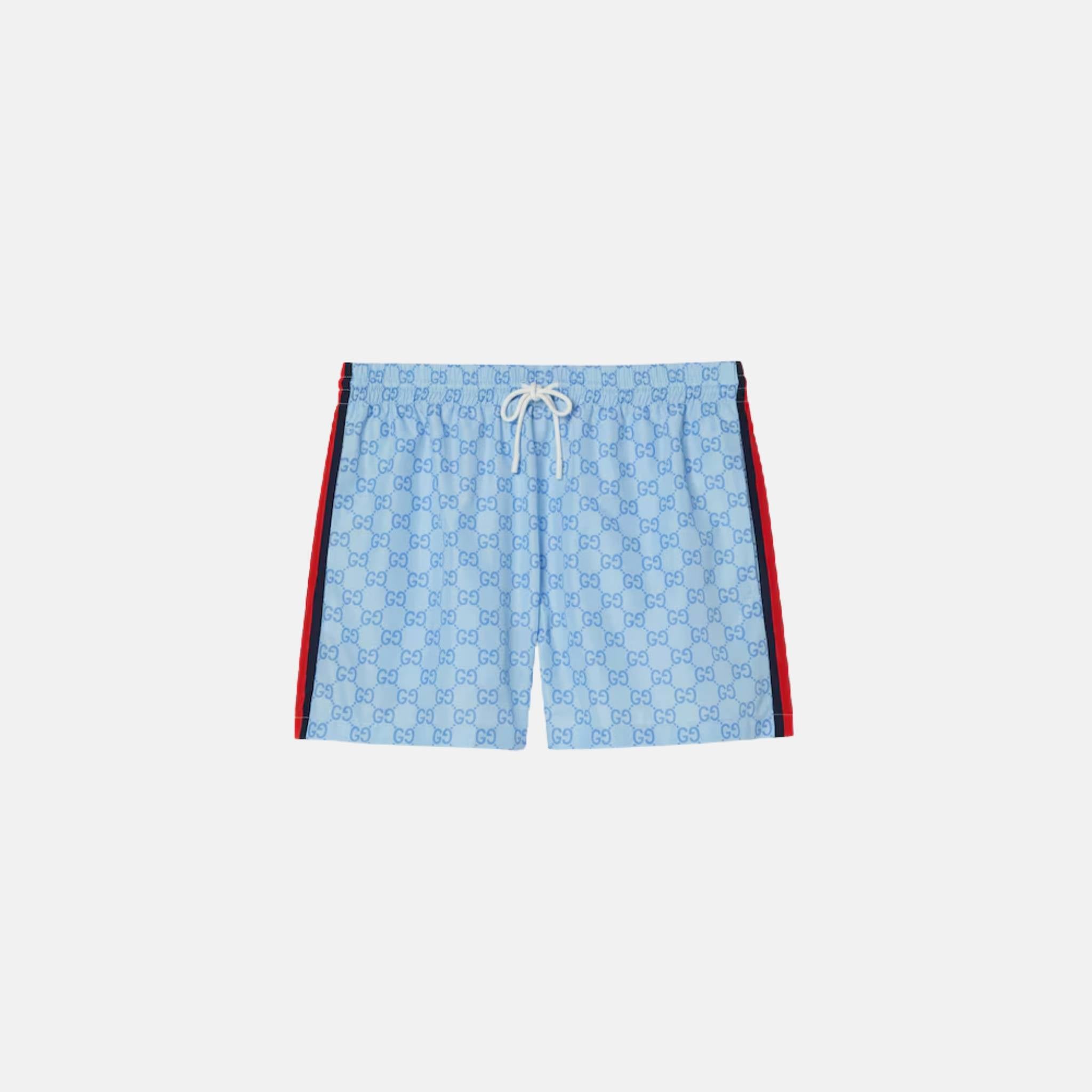 Gucci Printed Technical Poplin Swim Shorts With GG Print, Light Blue, Front