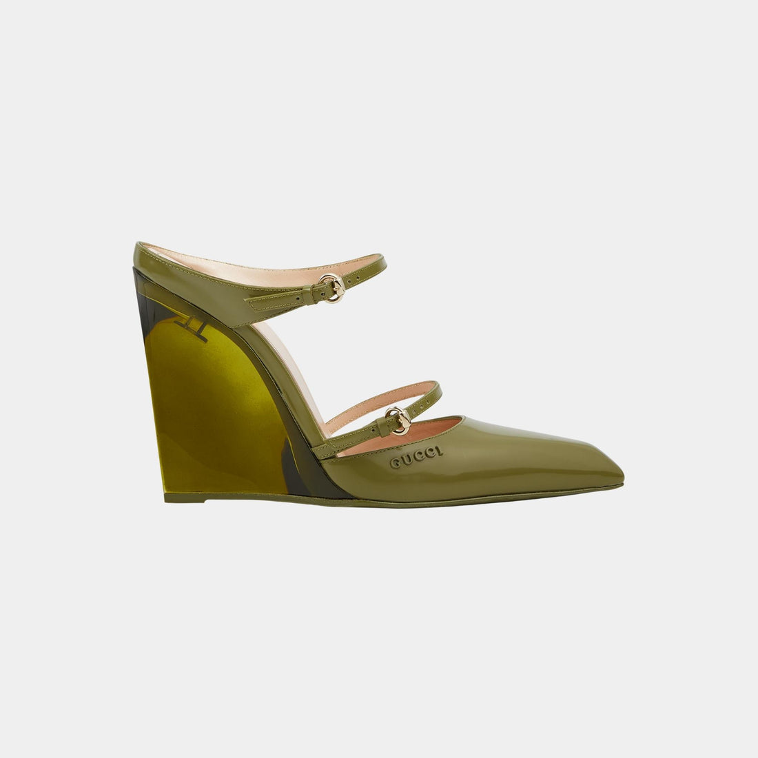 Gucci Wedge Shiny Leather Mule, Dark Green, Side