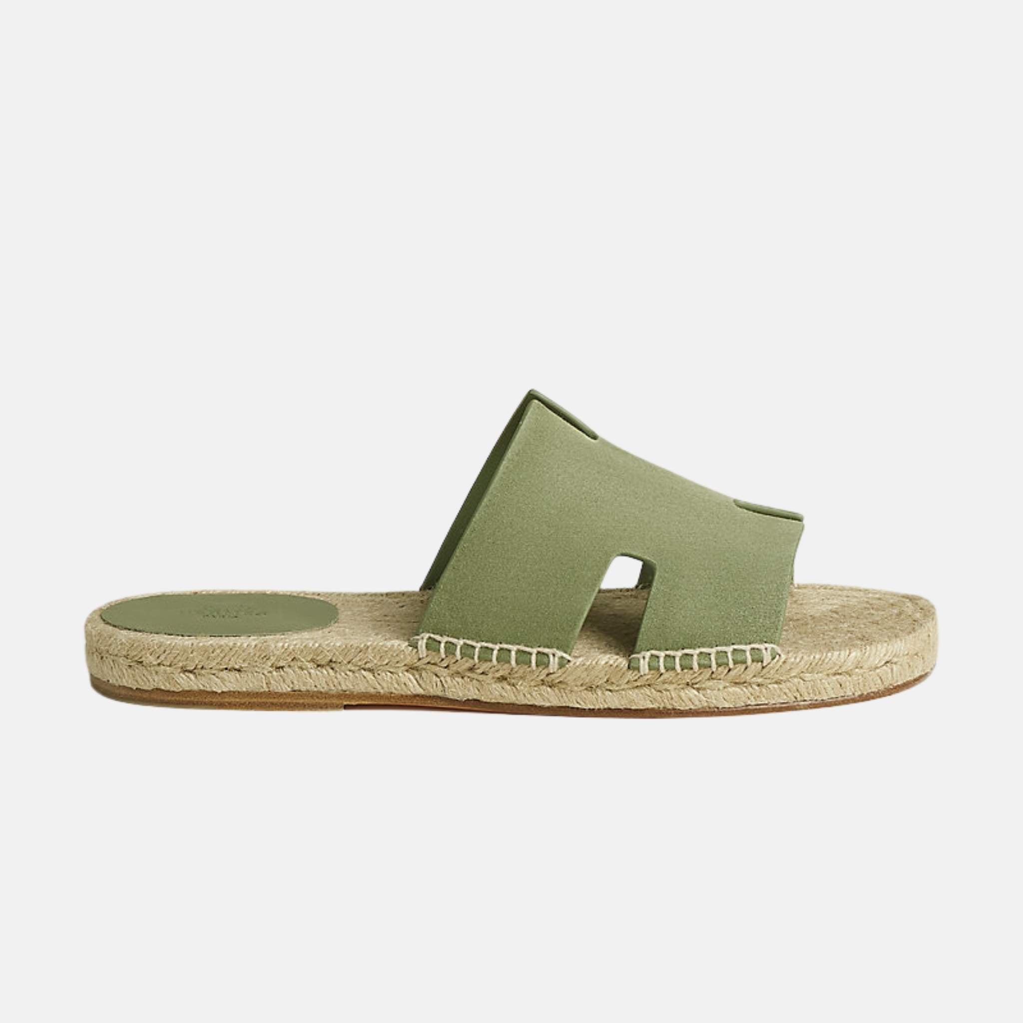 Hermes Antigua Suede Goatskin Espadrille, Vert Celadon, Side