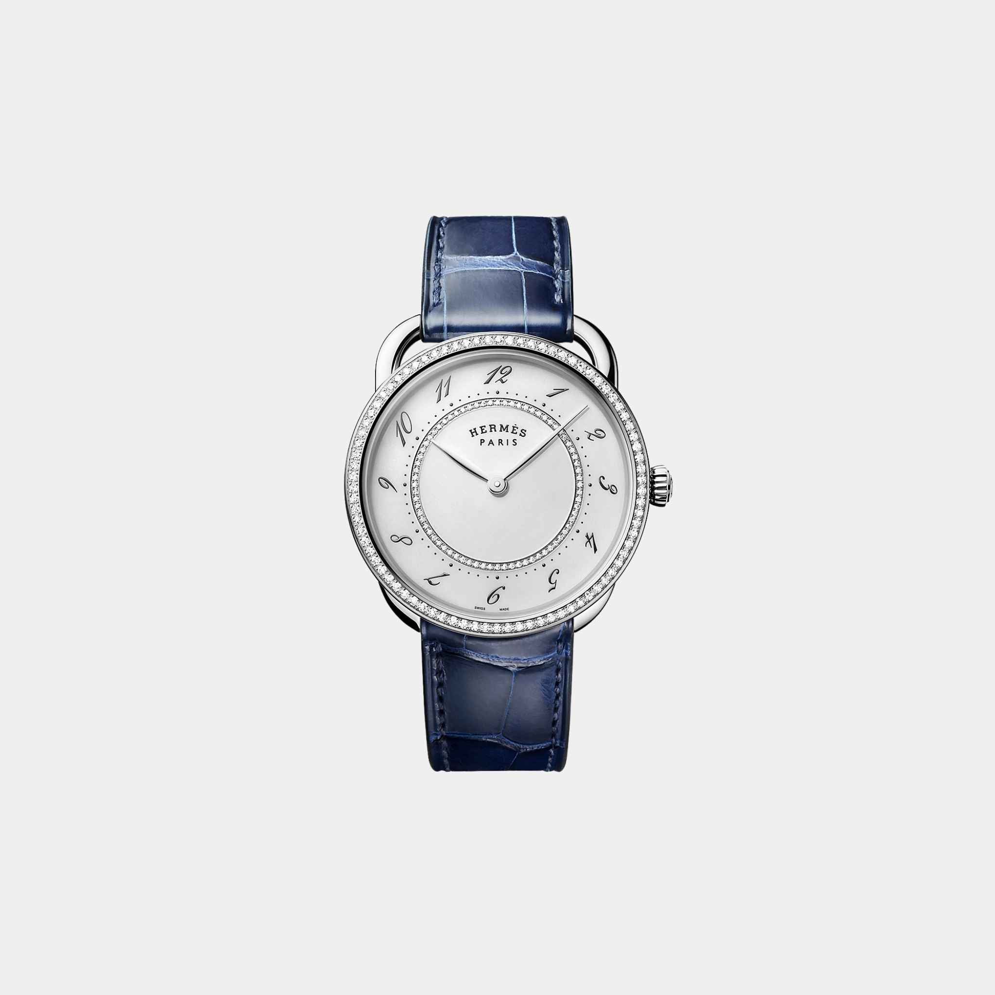 Hermes Arceau 36 mm Set-In Steel Watch With Blue Alligator Strap