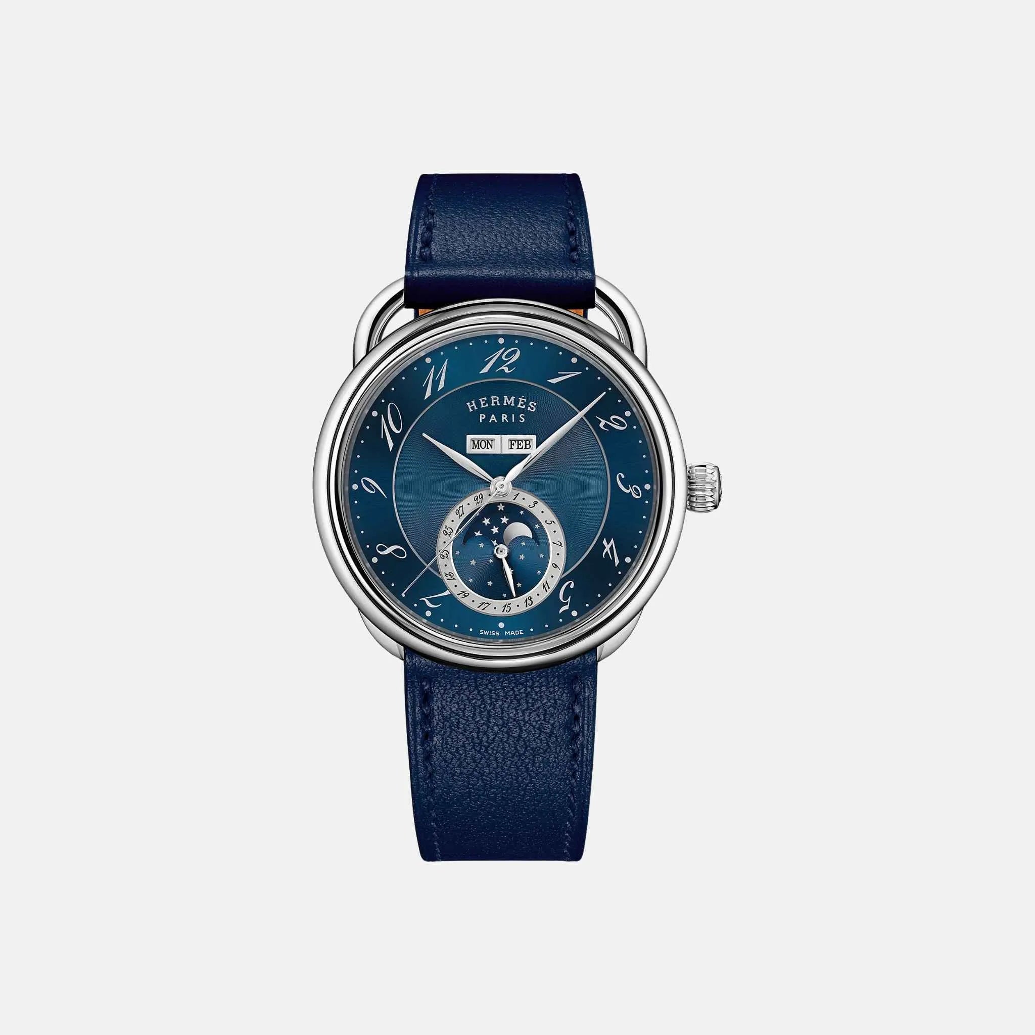 Hermes Arceau Grande Lune Watch 43mm Navy Blue Swift Calfskin Strap