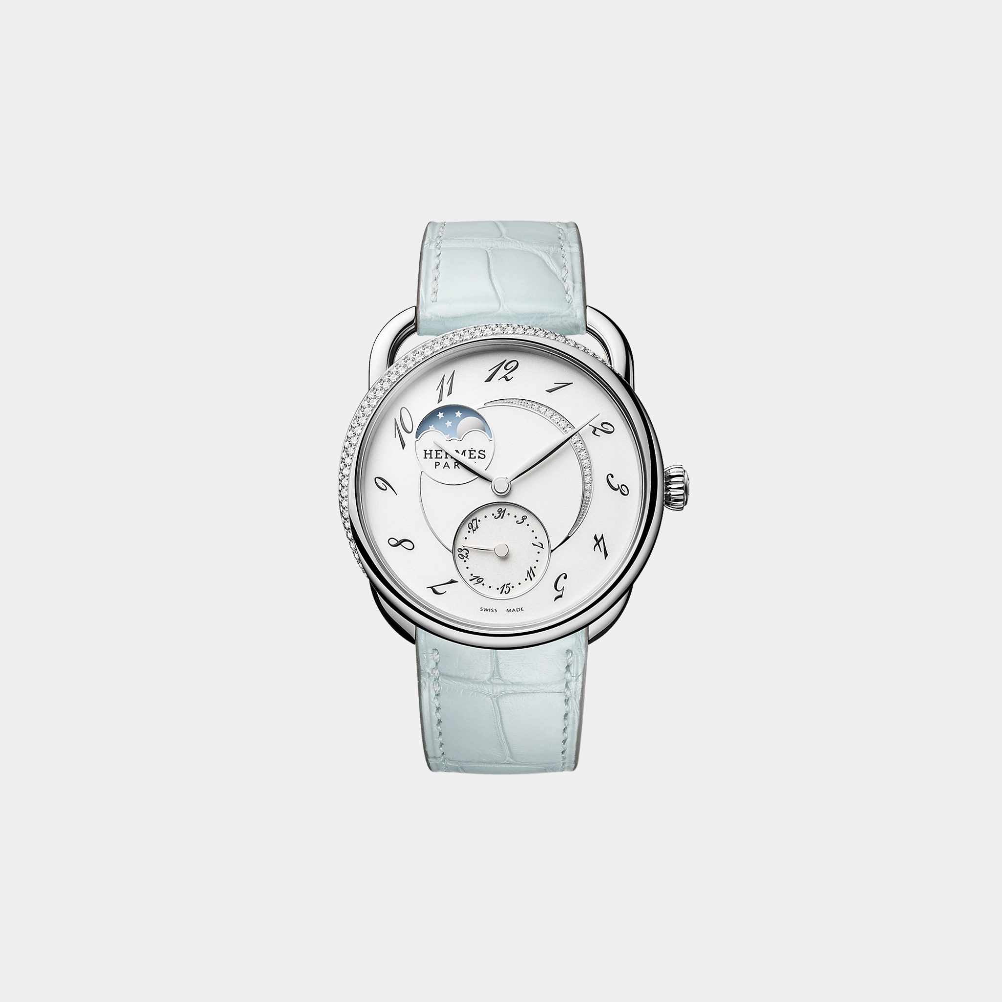 Hermes Arceau Petite Lune 38 mm Watch With Misty Blue Alligator Strap