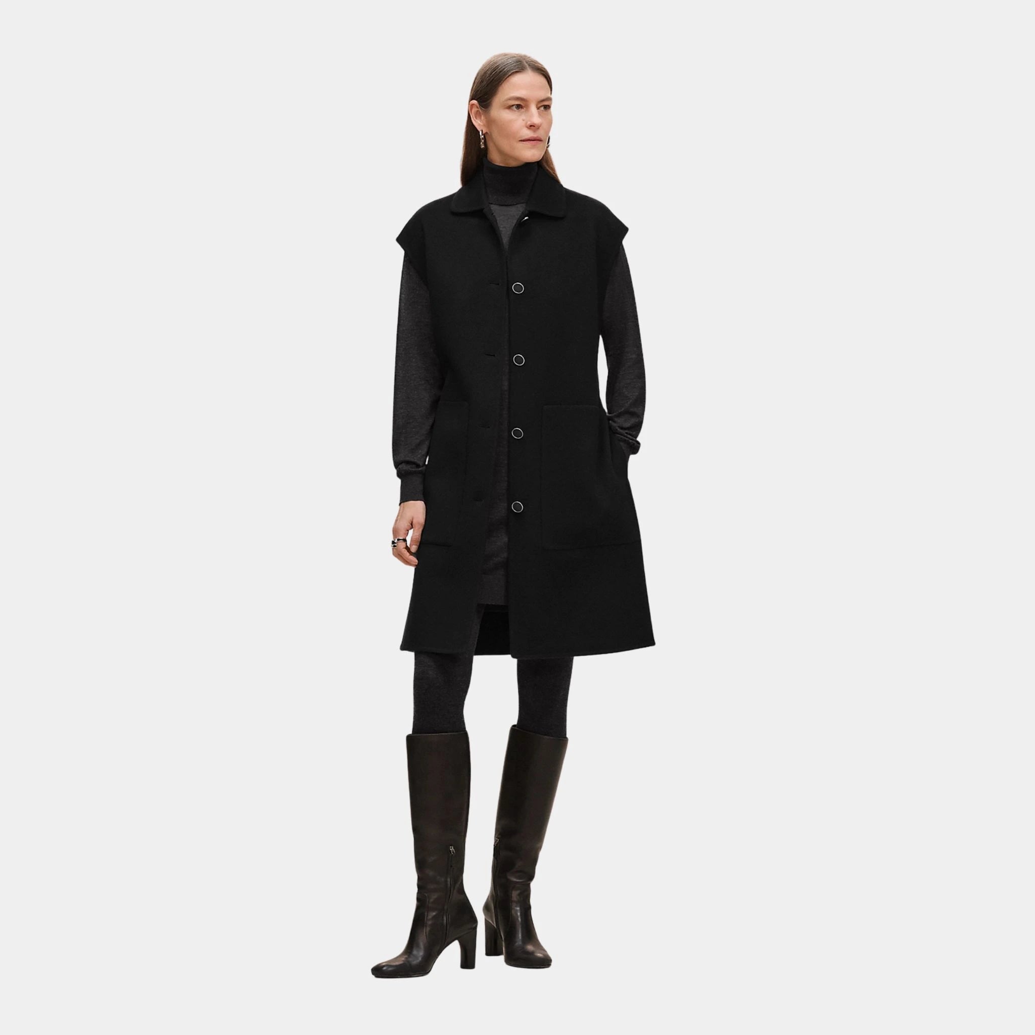 Hermes Belted Cashmere Long Vest, Noir, Front